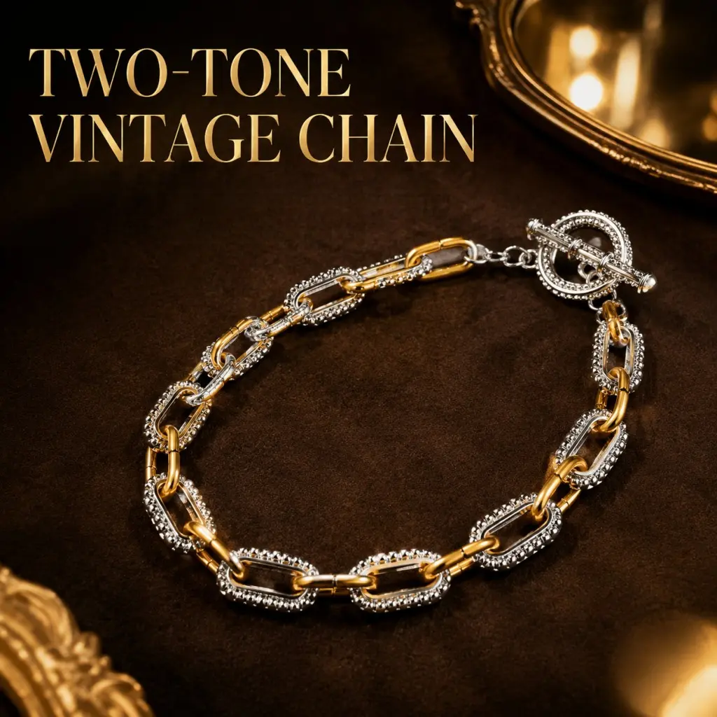 Women's 2-Tone Gold-Silver Oval Link Paperclip Shape Chain Bracelet - 20cm Vintage Toggle Clasp, Mixed Metal Stackable Statement Jewelry, Everyday Wear For Females, Ideal Birthday Gift adjustable bangle dainty, Oval Links