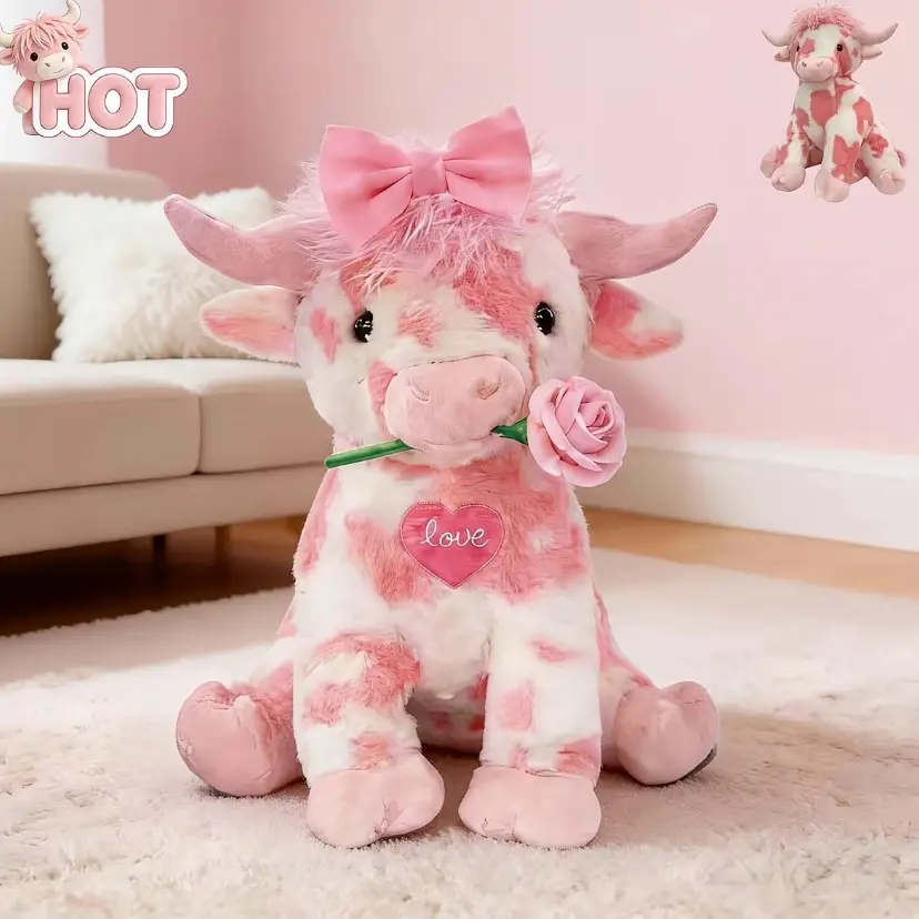 Pink & White Spotted Highland Cow Stuffed Animal - Cute Fluffy Plush Toy for Valentine's Day, Birthday, Anniversary Gift for Girlfriend, Boyfriend, Best Friend & Kids