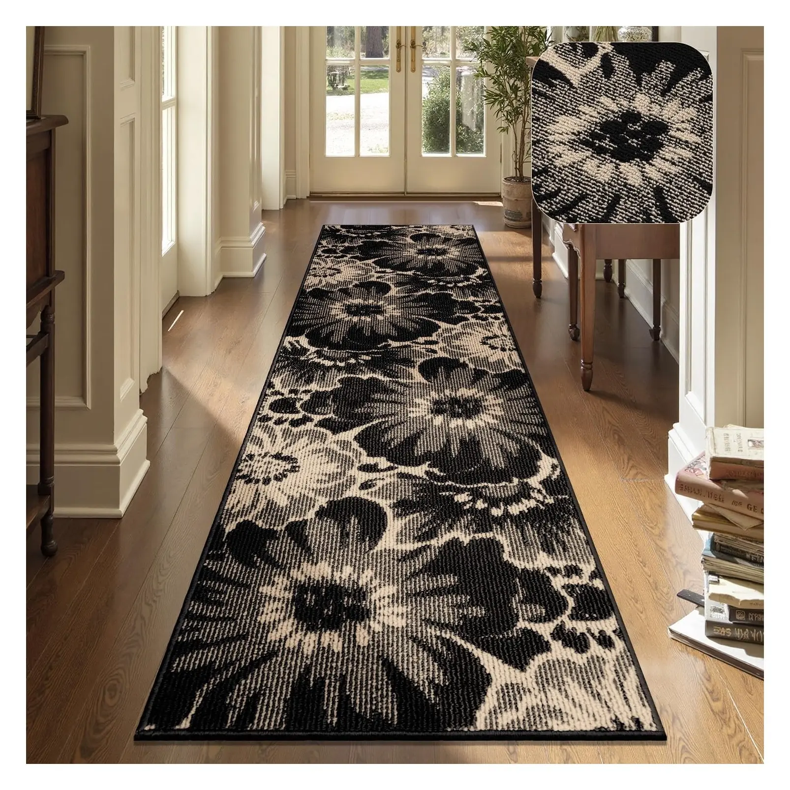 2x8 FT Non-Slip Hallway Runner Rug with Rubber Backing, High-Low Textured Floral Washable Boho Carpet for Kitchen Entryway Bedroom Laundry, Black & BeigeGift