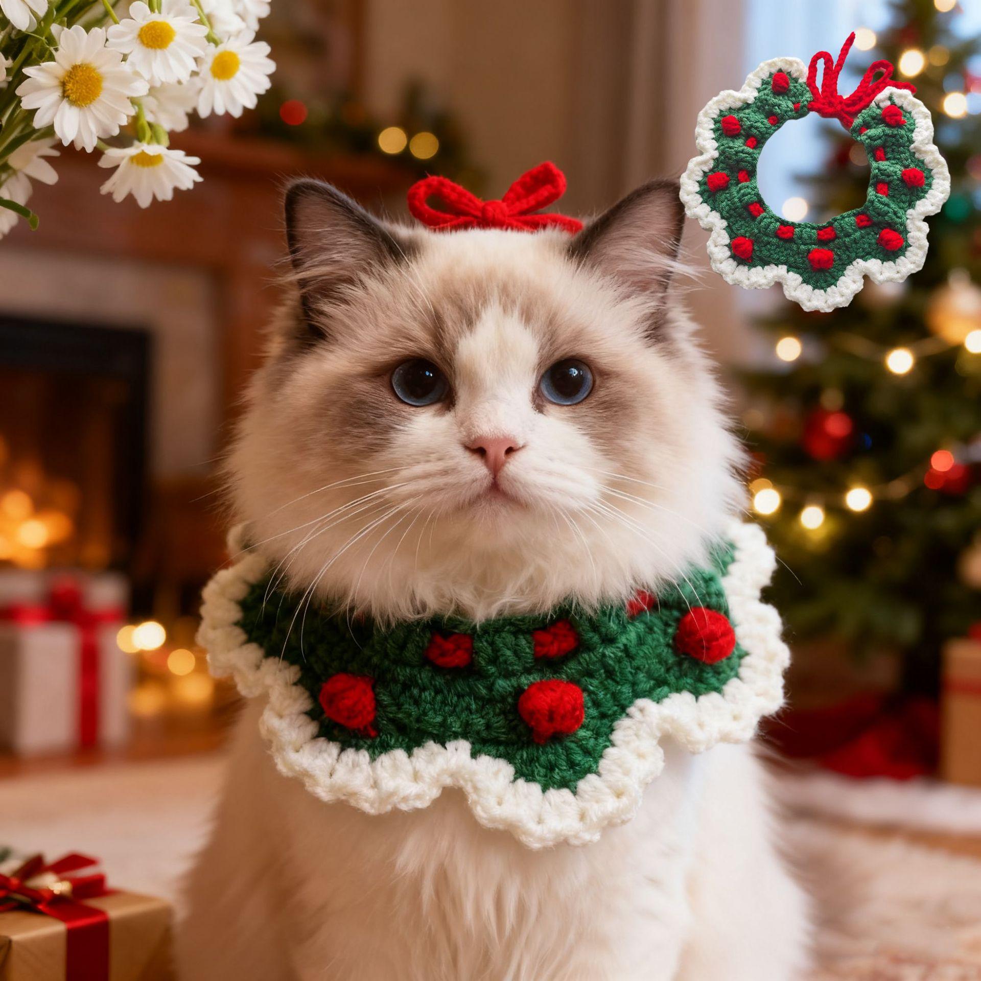 Cat and dog neck scarves, pet Christmas accessories, knitted collars, cute British Shorthair and Teddy designs, cross-border wholesale