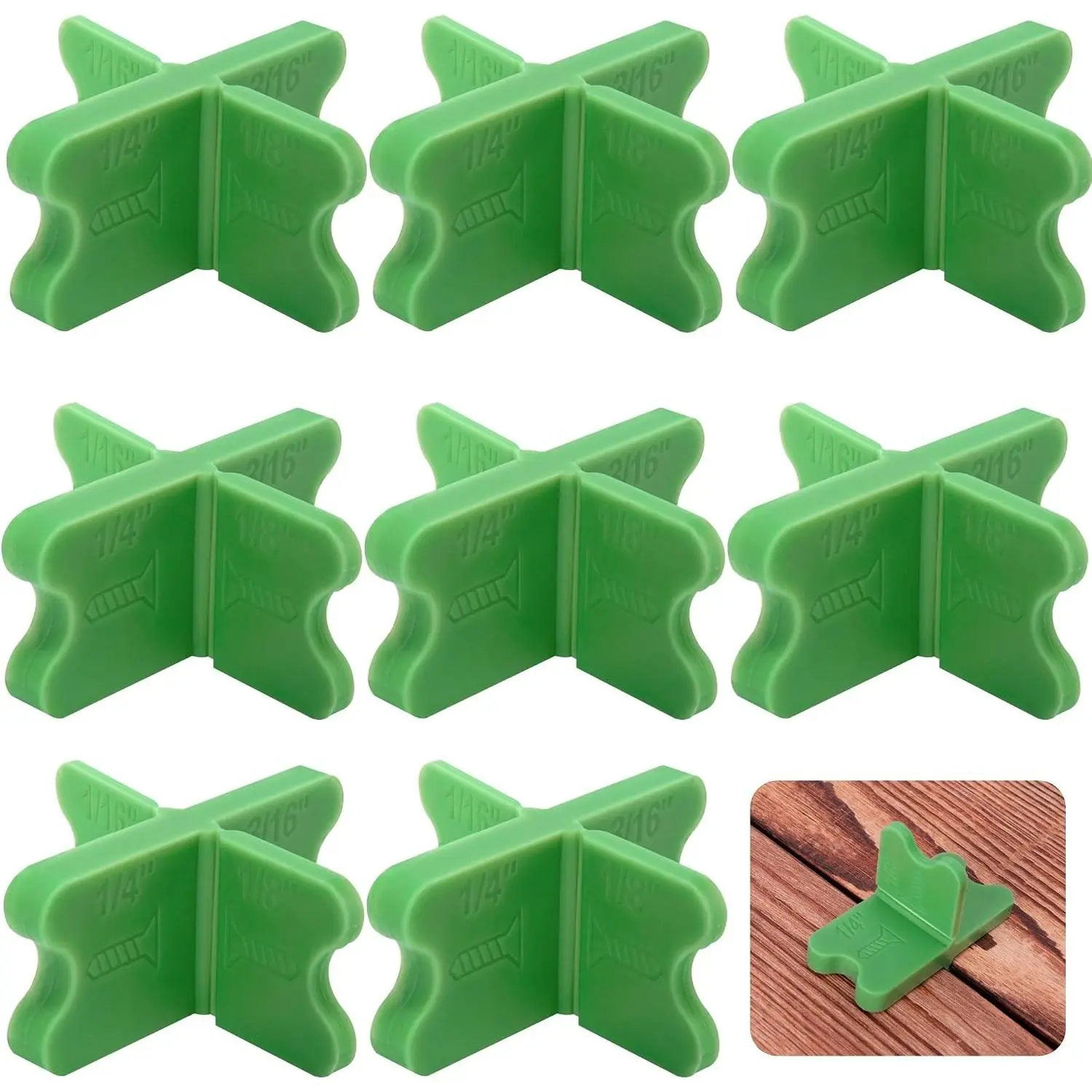 8 Pcs ABS Deck Spacer Tool, 4 Thicknesses Green Deck Board Spacers (1/16", 1/8", 3/16", 1/4") for Pressure Treated & Composite DeckingGift