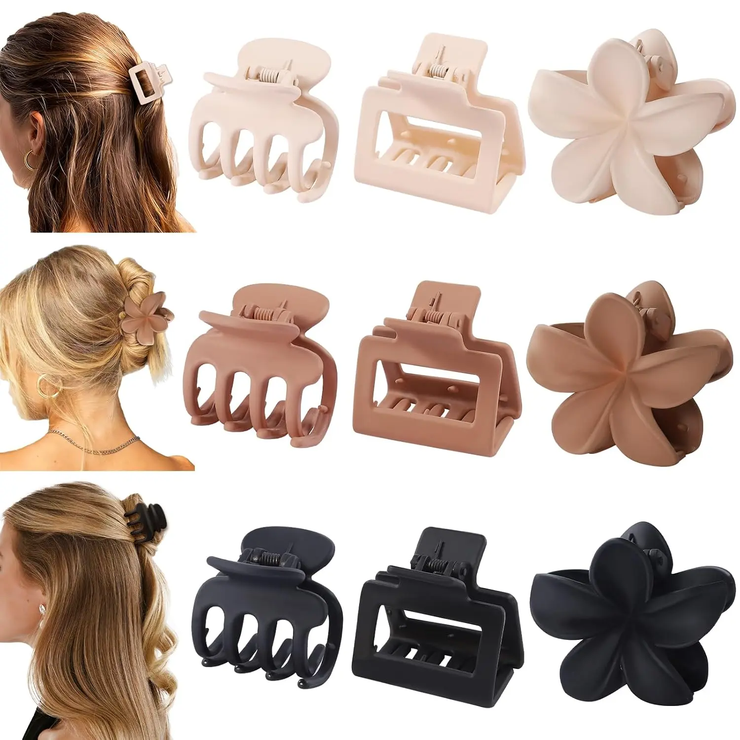 Hair Clips for Women 9 Pack Medium Claw Clips, No Slip Strong Hold for Thick & Thin Hair, Flower Square Aesthetic Styles for Everyday Styling, Trendy Hair Accessories (Brown)
