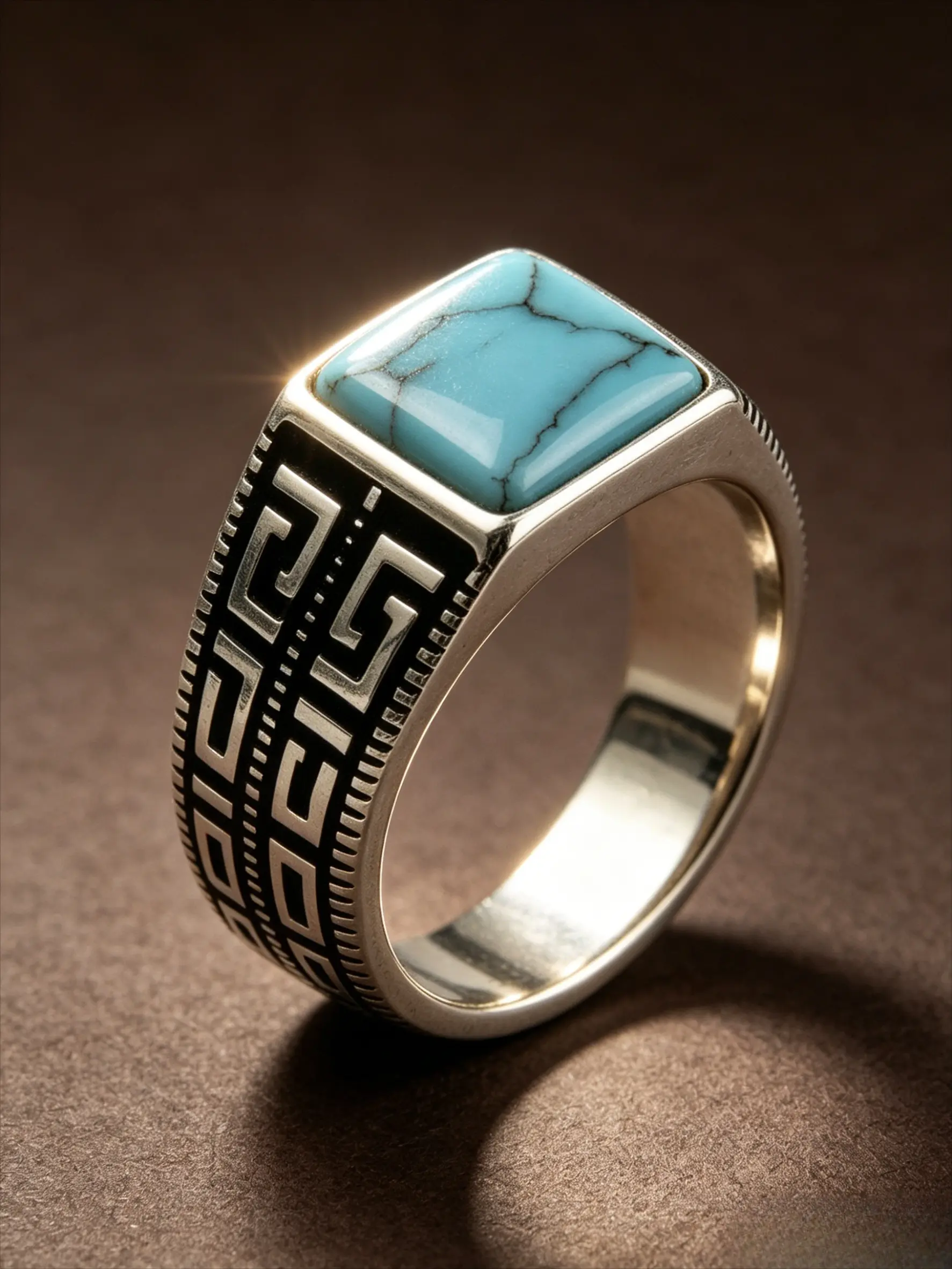 Silver Plated Square Cracked Turquoise Men's Signet Ring Double Row Geometric Maze Pattern Wide Band Finger Ornament Retro Ethnic Western Statement Jewelry For Daily Outdoor Bar Travel Birthday Anniversary Holiday Gift For Men