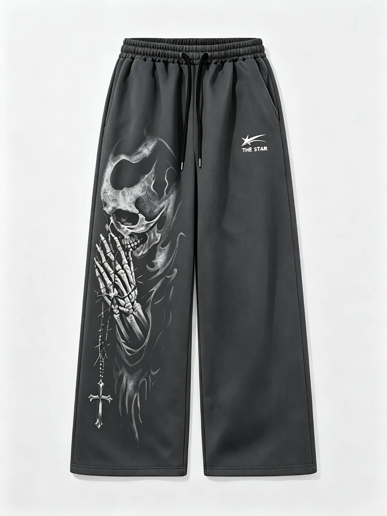 Men's Black Gothic Praying Skeleton Cross Thorn Graphic Sweatpants | High Waist Loose Baggy Wide Leg Elastic Drawstring Pants | Punk Hip Hop Street Casual Trousers for Men