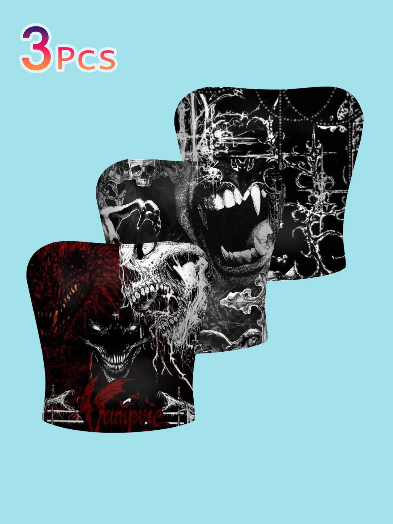 3-Pack Gothic Skull Vampire Tube Top, Slim-Fit Casual Backless Vest, Casual Fitted Sleeveless, All-Over Print, Unisex Design, Perfect for Daily Wear, Casual Sleeveless Tops