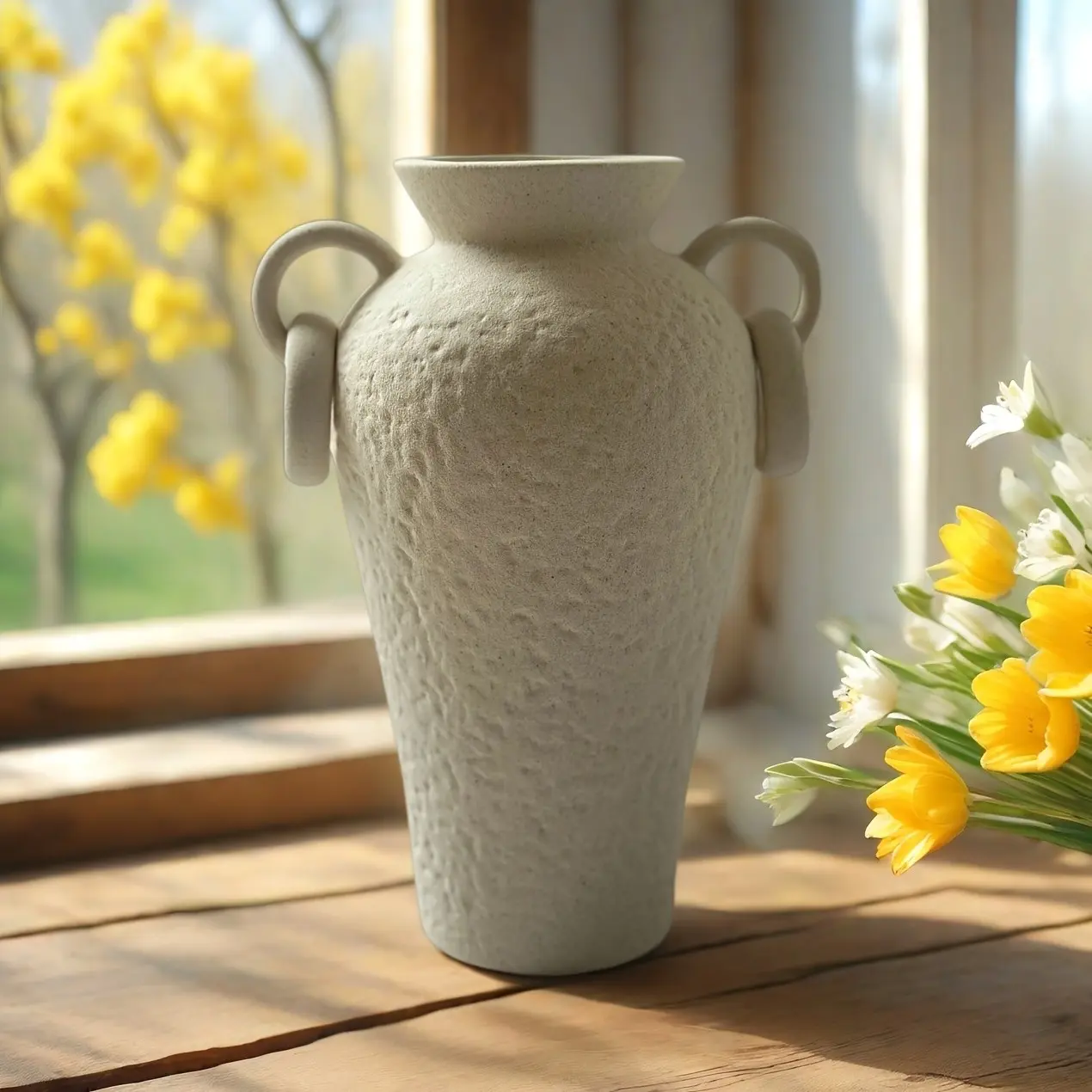 Handmade Textured Ceramic Vase with Ring and Dual Handles, Unique Decorative Flower Pot, Artisan Crafted Home Ornament