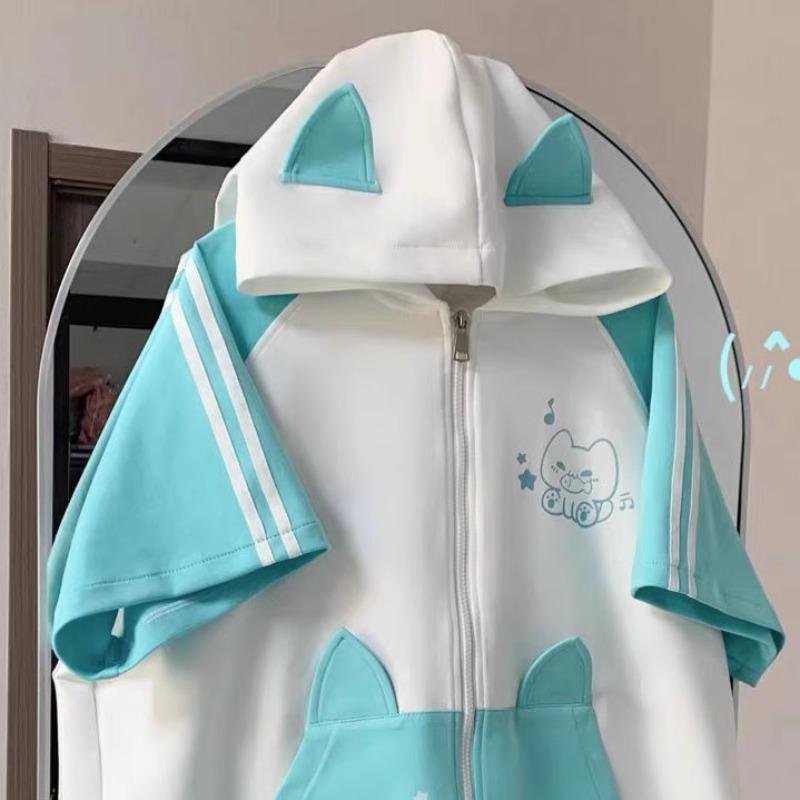 Hatsune Miku Hooded Short Sleeve Tracksuit Cat Ears Cartoon Hatsune Miku Drawstring Shorts Girls Holiday Gifts Casual Fashion