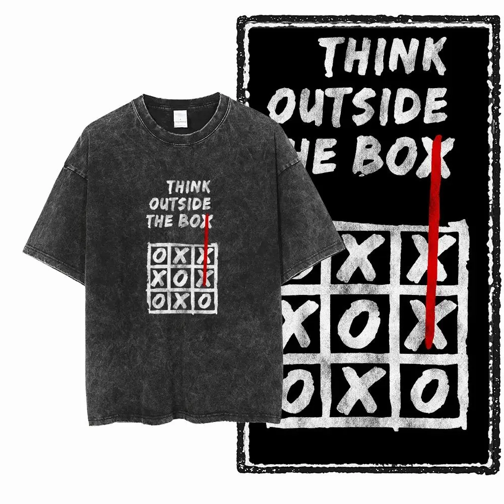 THINK OUT OF THE BOX Printed Cotton Acid Washed Graphic Unisex T Shirt Cool Streetwear Men Tshirts Big Size Tee for men