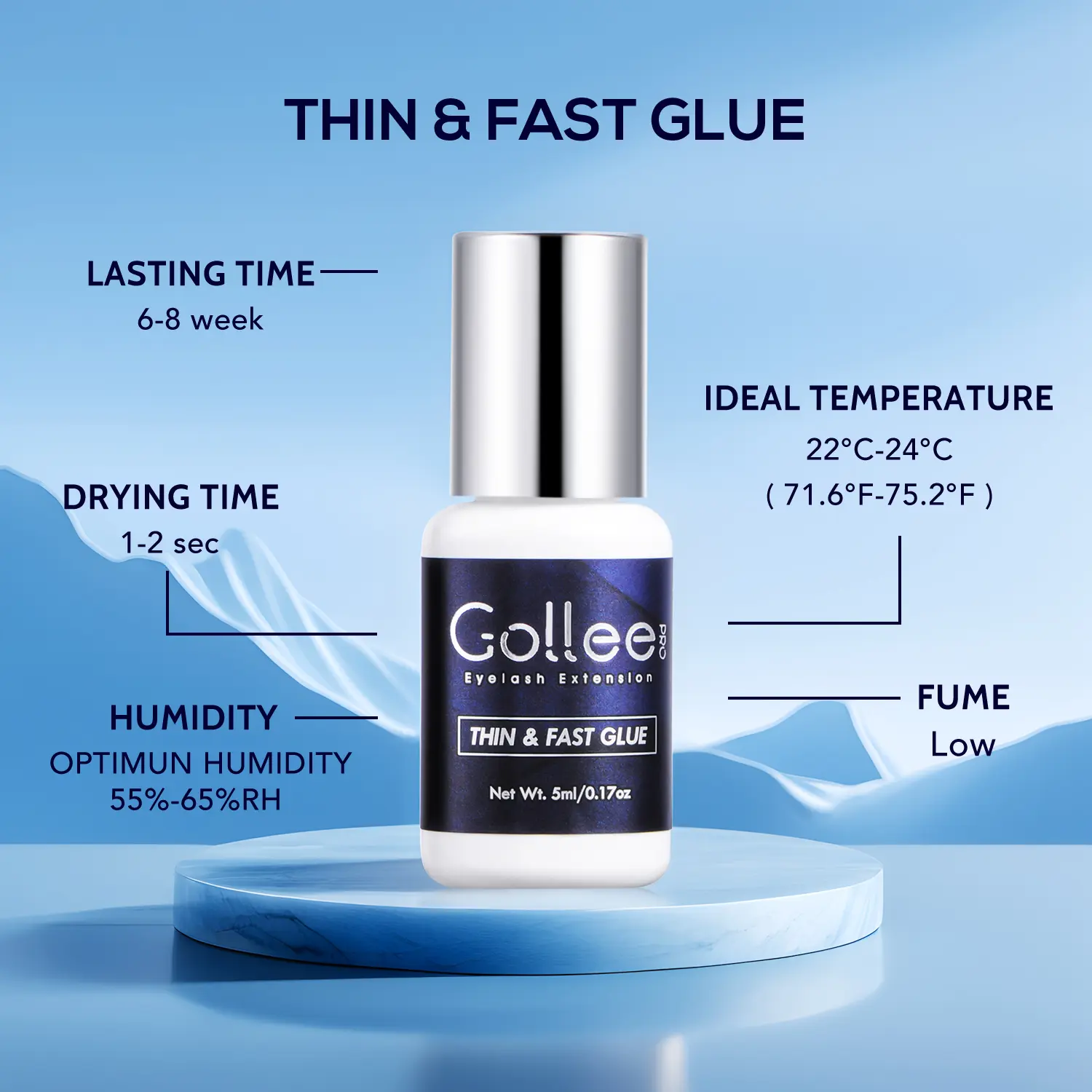 Gollee 1-2s Fast Dry Lash Adhesive Long Lasting 6-8 Weeks Eyelashes Glue for Eyelash Extensions No Irritation Glue Makeup Tools Stable formula suitable for all types of artists