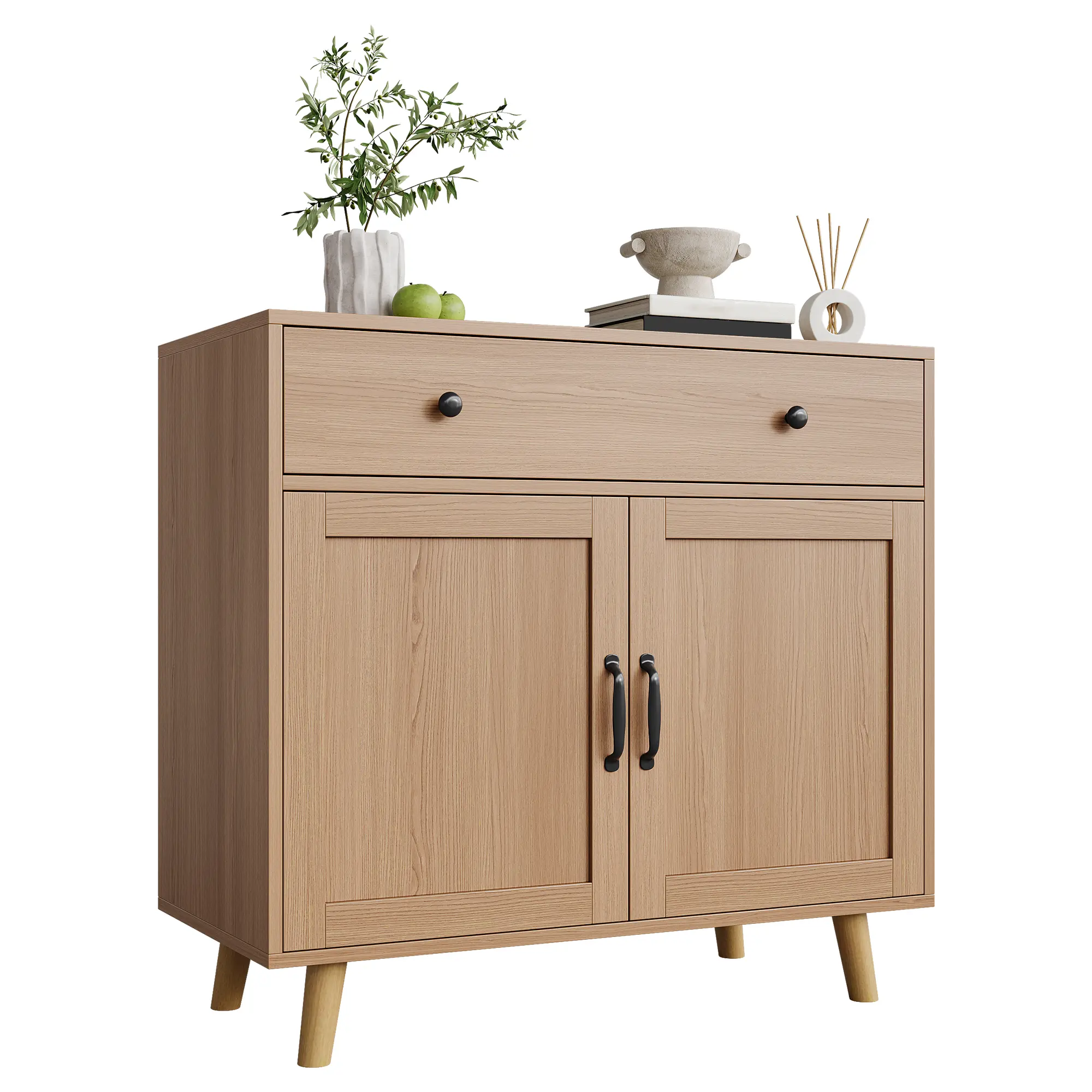 Modern Freestanding Wooden Storage Cabinet with Drawer & Double Doors – Multipurpose Sideboard for Living Room, Kitchen, Bedroom, Dining Room, Natural Oak Finish