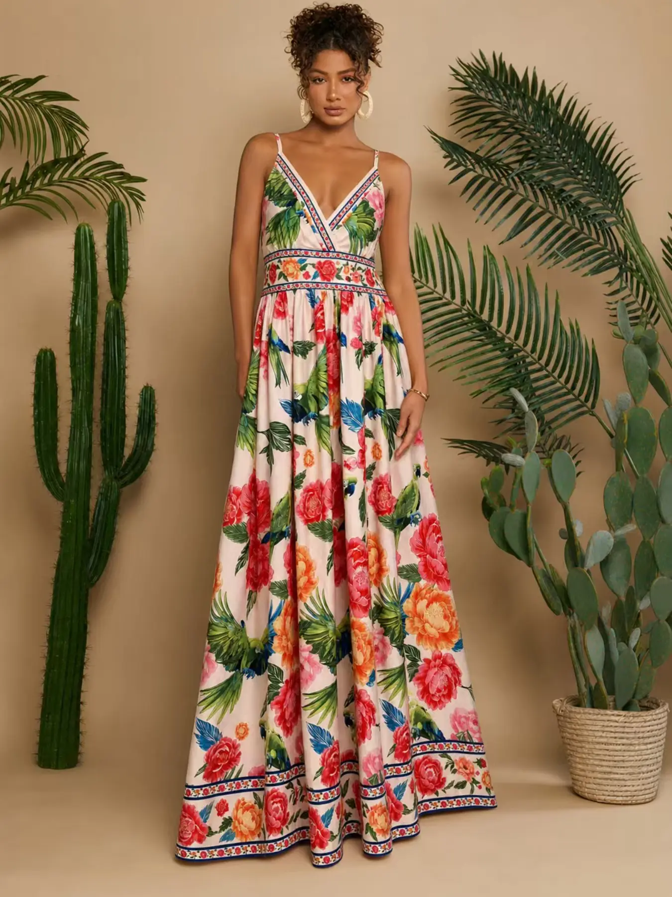 Tropical Floral Bird Print V-Neck Halter Sleeveless Long Dress, Waist-Cinch A-Line Boho Beach Vacation Dress, Elegant Chic Summer Evening Gown
