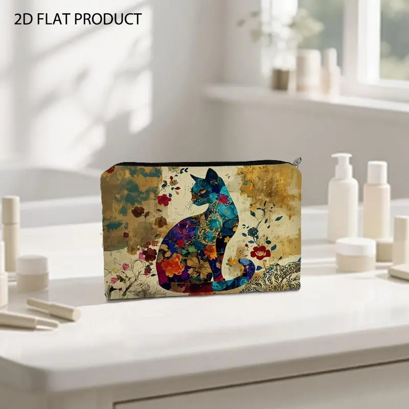 Vintage Bohemian Floral Cat Print Makeup Bag, Double-Sided Decorative Art Design with Intricate Colorful Floral Motifs, 5.9*8.66inch Portable Cosmetic Organizer, Perfect for Storing Daily Beauty Essentials for Travel & Everyday Use