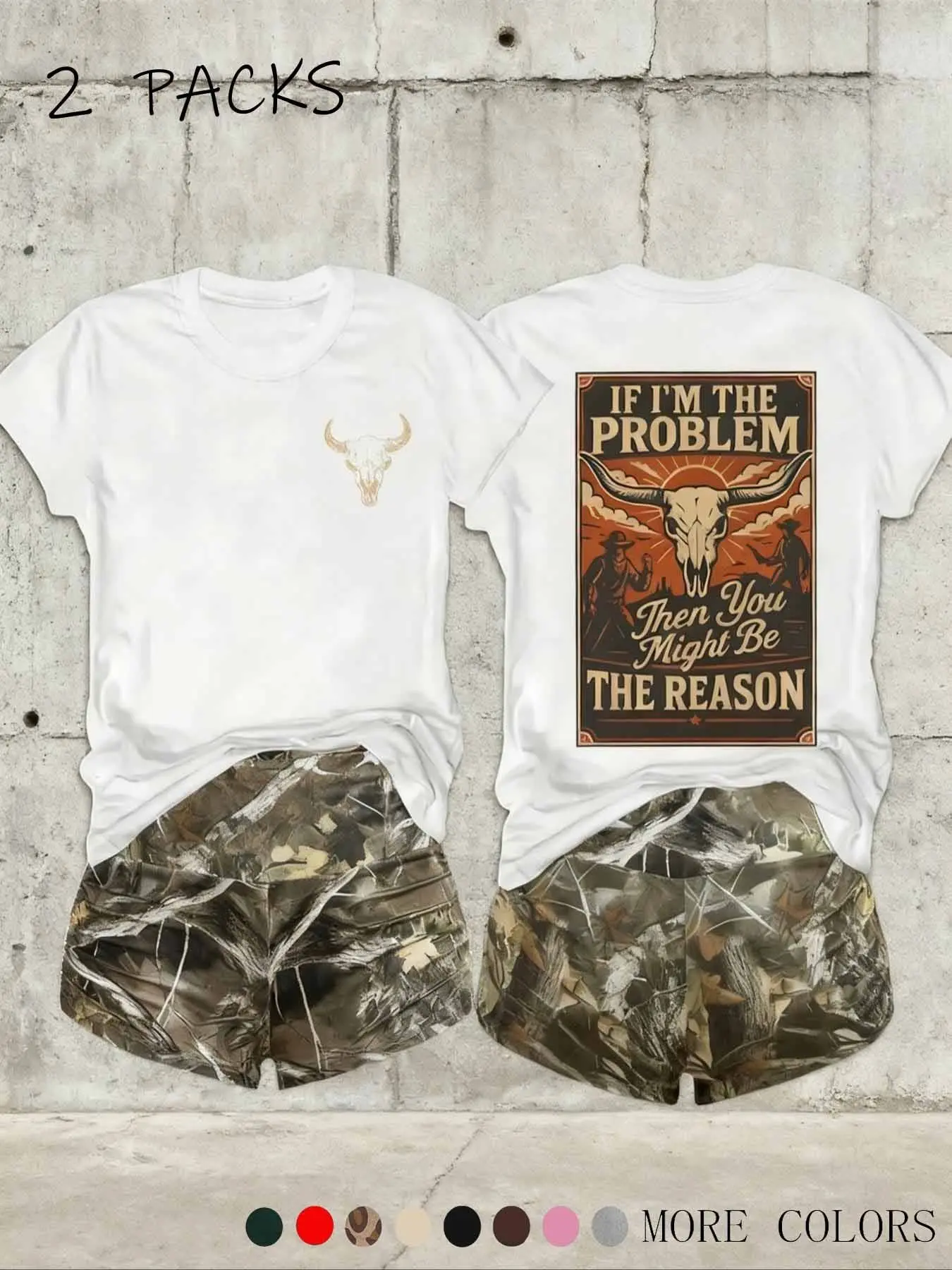 2 Packs Women Matching Loungewear Sets Graphic Tee Crew Neck Short Sleeve T‑Shirt Camo Print Shorts Western Cowboy Skull Bull Vintage Casual Street Bts Outfits For Ladies Daily Wear