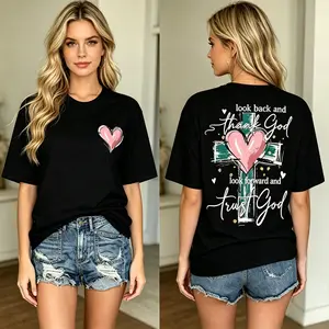Thank God Trust God Faith Quote Graphic T-Shirt, Pink Heart Cross Print Tee, Classic Crew Neck Shirt, Christian Casual Short Sleeve Top, Trendy Faith Aesthetic Cotton Tee for Christian Believers, Religious Style Fans and Casual Fashion Enthusiasts