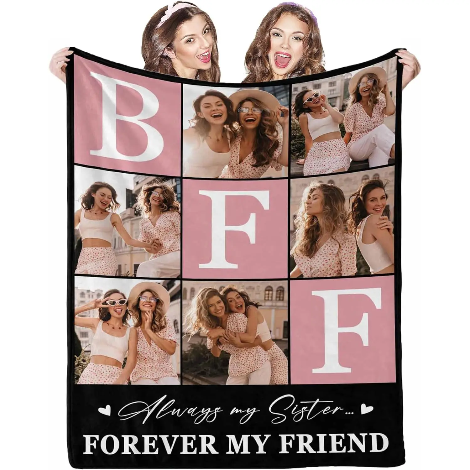Custom 6-Photo Collage Flannel Blanket - BFF Always My Sister Personalized Pink Soft Throw, Multi-Size Sentimental Gift for Her, Home Snuggle Couch/Bed Decor, AC Room Summer Birthday Keepsake
