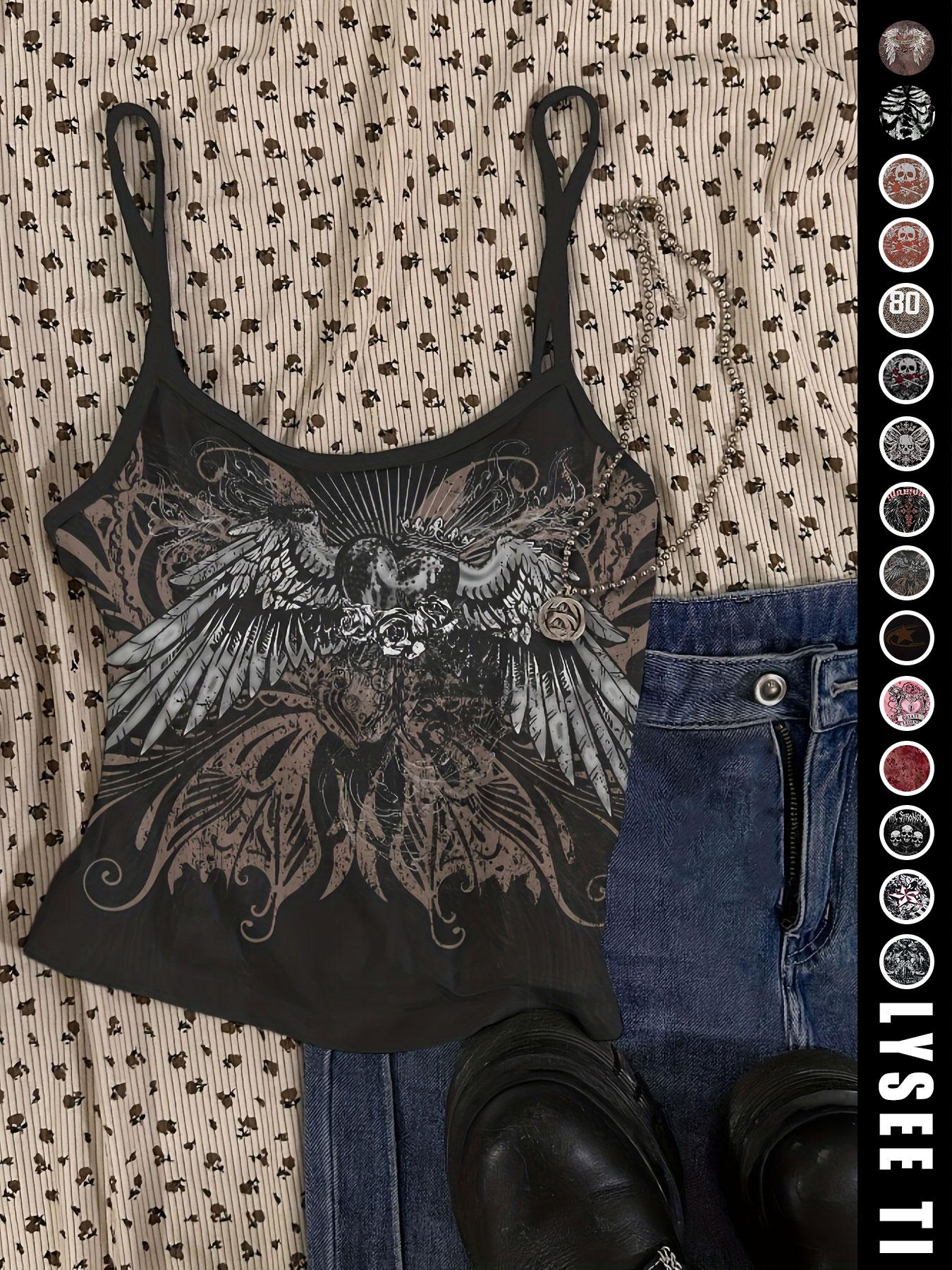 Vintage American Casual Slim-Fitting Skull Eagle Print Crop Top for Valentine's Day and Music Festival, Trendy Summer Vest for Women
