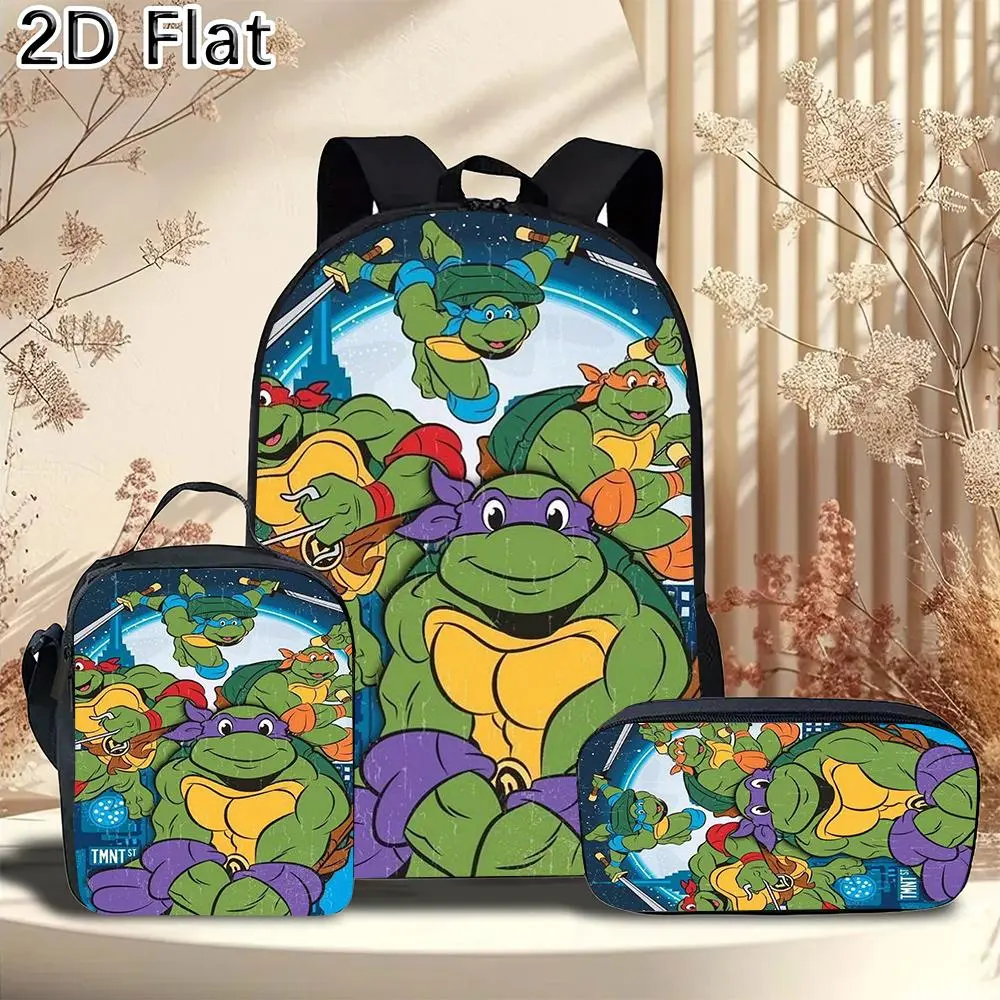 Durable Water Resistant 3-Piece Backpack Set for Kids, Lightweight School Bag with Lunch Box, Four Green Anthropomorphic Turtles Colorful Headbands Weapons Night City Sky Cartoon Print, Breathable Padded Straps Fits 15 Inch Laptop