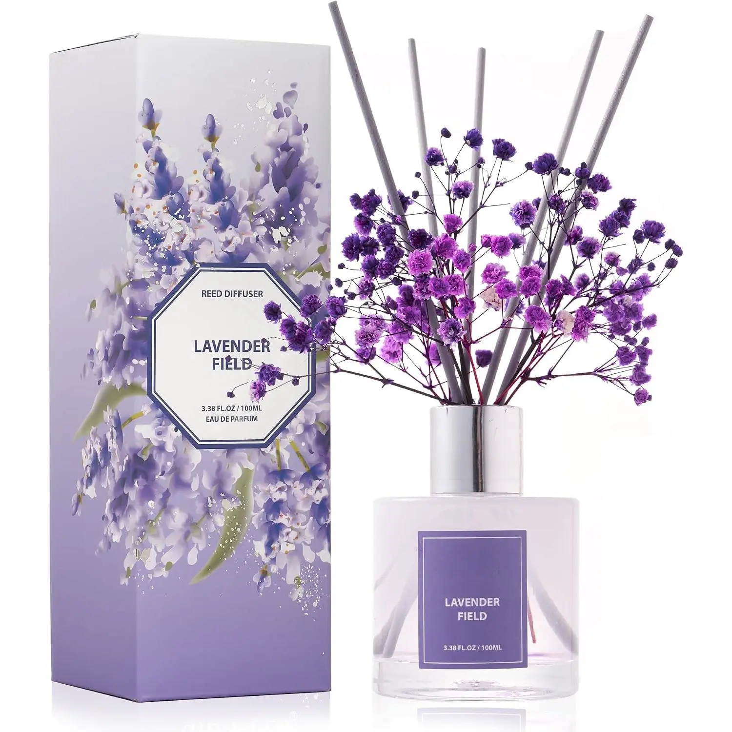 Reed Diffuser Set,3.38 fl oz (100 ml) - Lavender Field Oil Diffusers with 8 Reed Sticks, Home Fragrance Reed Diffuser for Bathroom Shelf Decor