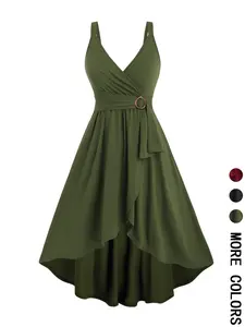Wrap V-Neck Sleeveless Dress with Waist Buckle Detail, High-Low Hem Flared Midi Dress with Tie Waist, Elegant A-Line Dress for Casual, Party and Evening Wear