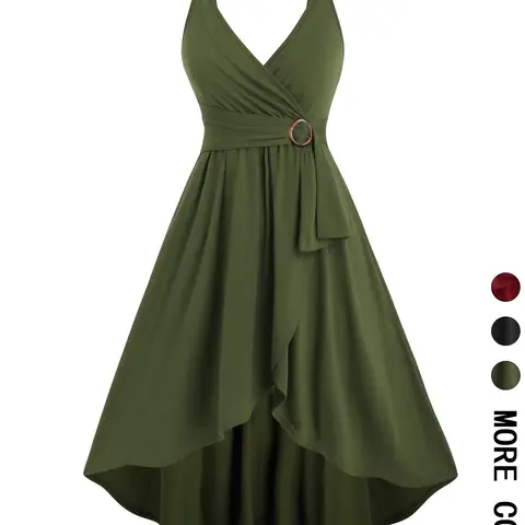 Wrap V-Neck Sleeveless Dress with Waist Buckle Detail, High-Low Hem Flared Midi Dress with Tie Waist, Casual Elegant A-Line Dress for Party and Evening Formal Events, Casual Cocktail Dress