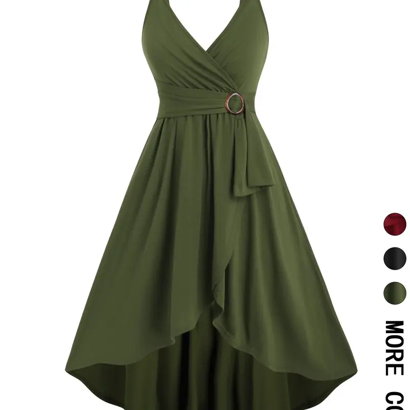 Wrap V-Neck Sleeveless Dress with Waist Buckle Detail, High-Low Hem Flared Midi Dress with Tie Waist, Casual Elegant A-Line Dress for Party and Evening Formal Events, Casual Cocktail Dress