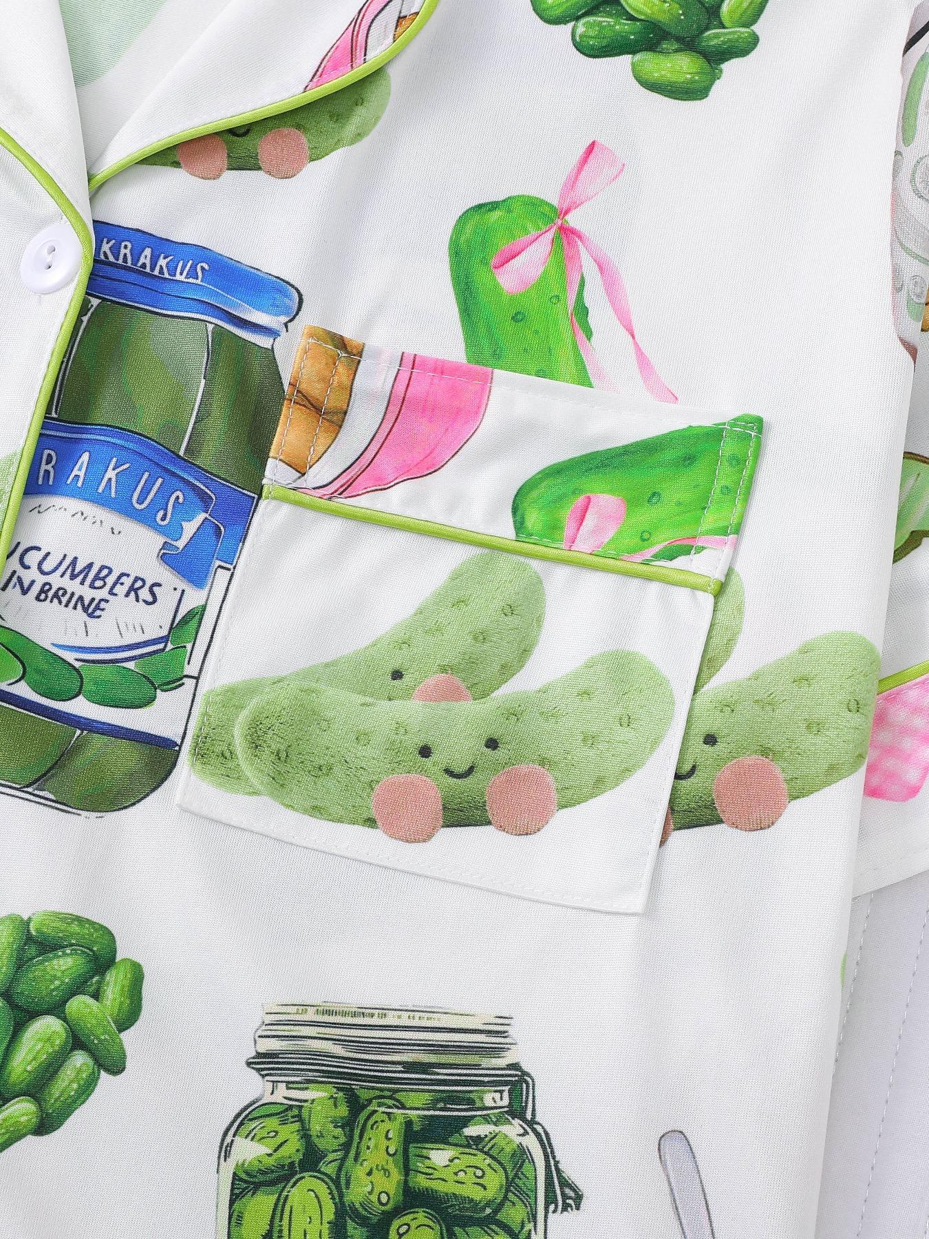 Women's Cucumber Print Short Sleeve Pajama Set, Casual Comfy Button Front Chest Pocket Design Lapel Neck Top & Elastic Waist Shorts PJ Set, Ladies Sleepwear Loungewear
