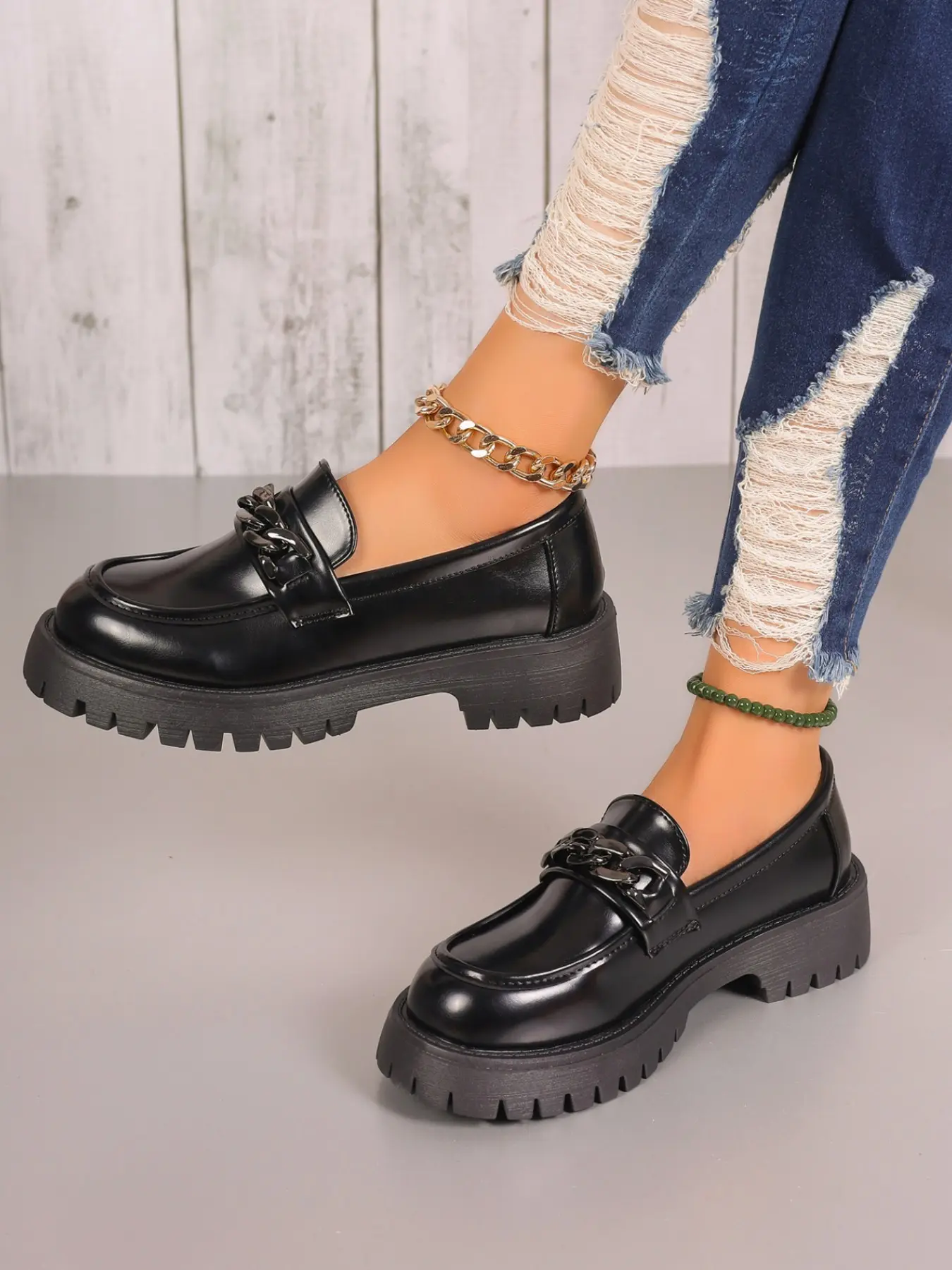 Women's Large Size Loafers, Thick Sole, Wedge Heel, Slip-On, Height-Boosting Leather Shoes, Casual Style, All Seasons