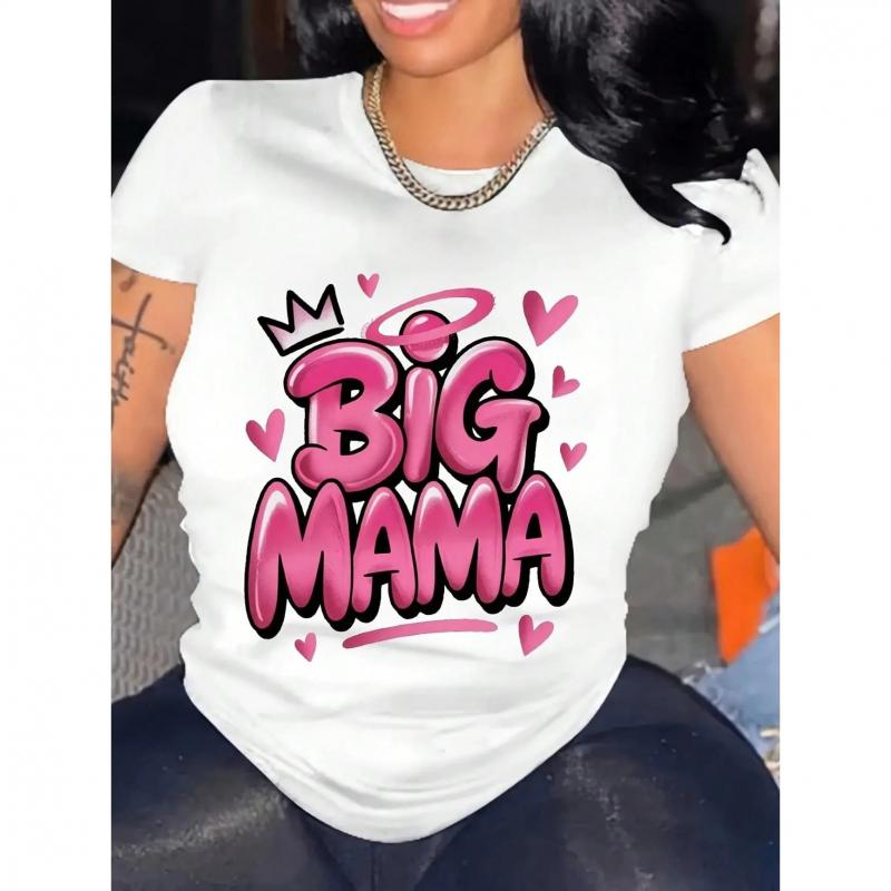 Women's Plus Size Casual Short Sleeve T-Shirt BIG MAMA Graphic With Crown & Hearts Geometric Print Breathable Round Neck Machine Washable All Season Comfort Fashionable Cotton Fabric Top