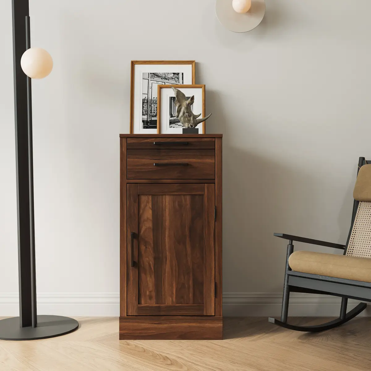 Brown Walnut Particle Board Modular Wine Bar Cabinet with Single Drawer, Dining Room Buffet Cabinet
