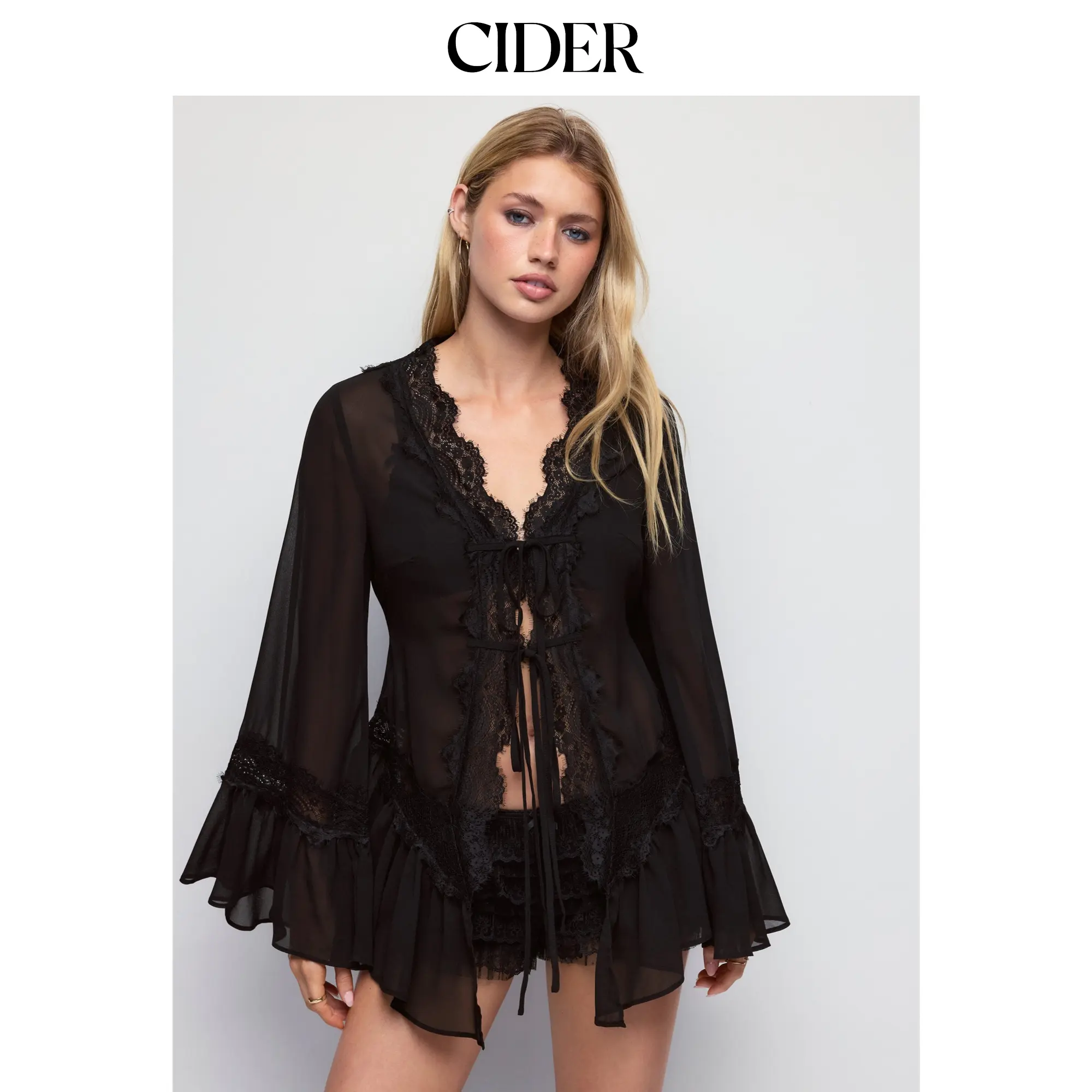Cider Chiffon V-neck Bell Sleeve Lace Panel Tie Front Ruffle Hem Blouse