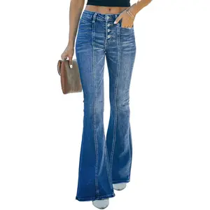 Women's High Waisted Jeans Wide Leg Button Fly Bell Bottoms Flared Denim Pants