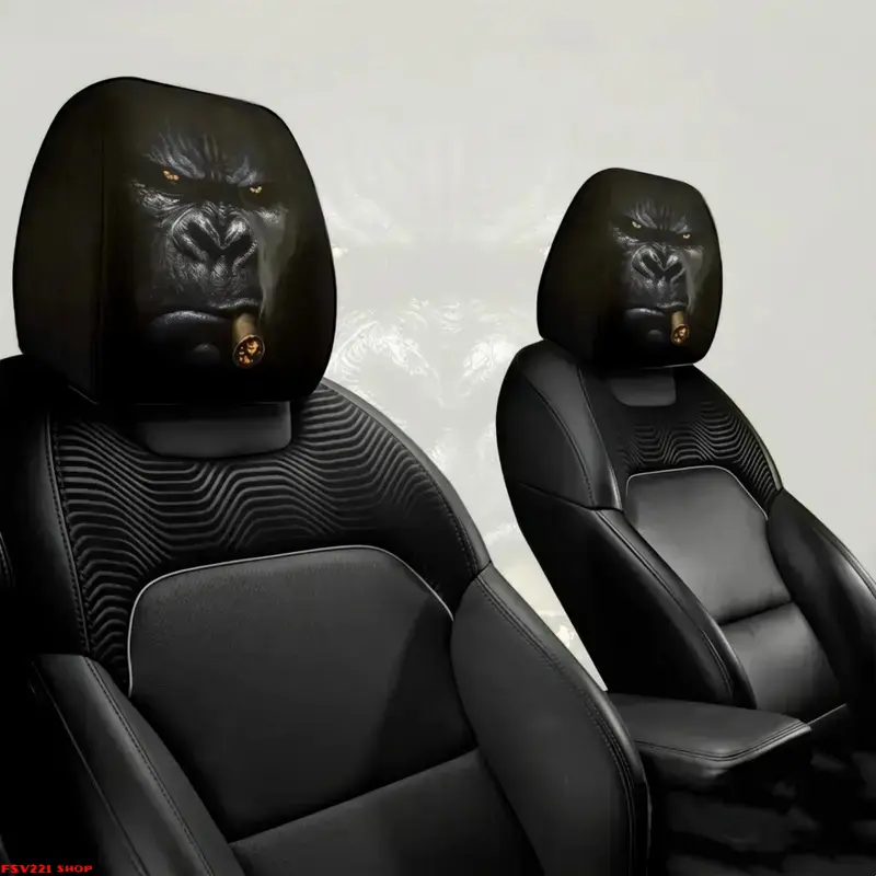 2-Pack Black Silverback Gorilla Headrest Covers – Bold Portrait Design, Universal Fit, Cool Interior Accessory for Men, Unique Car Gift for Men