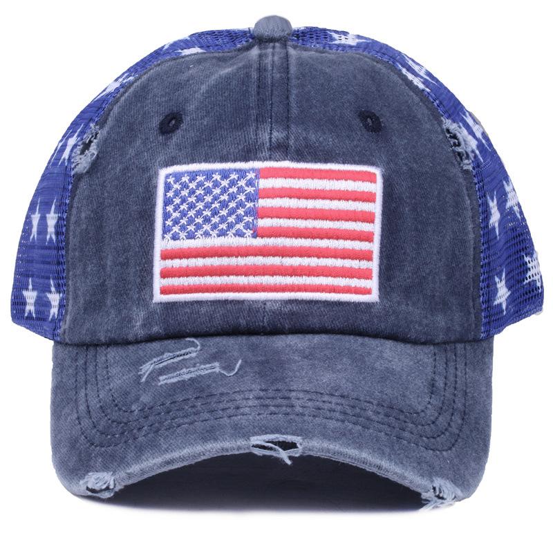 Washed cotton vintage baseball cap with embroidery, American flag embroidered cap, mesh cap, five-pointed star mesh cap