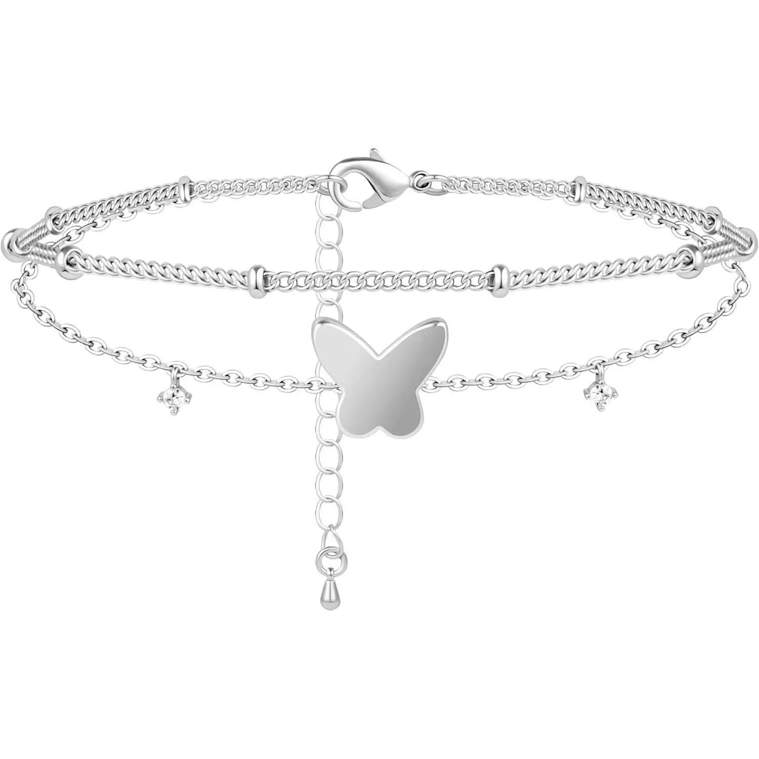 Gold/Sterling Silver Anklet Bracelets for Women Waterproof, Non Tarnish 925 Sterling Sliver Plated Heart Evileye Butterfly Charm, Dainty Summer Beach Anklets for Women, Beach Vacation Bikini Outfits for Her Mom