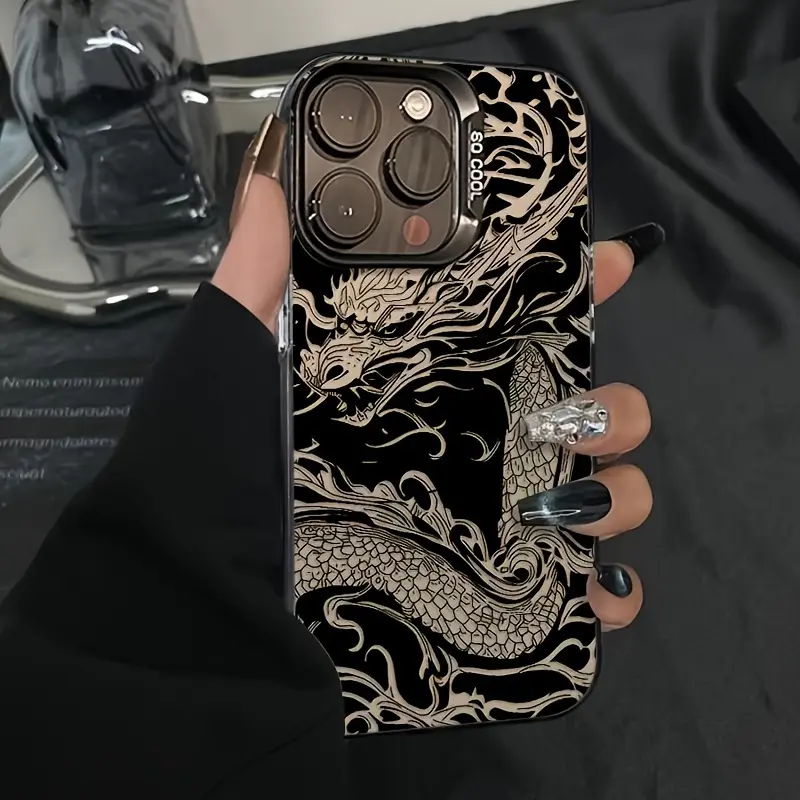 Colorful Silver-Printed Phone Case: Cool Black Dragon Totem, Shock-Resistant Soft Case, Minimalist and High-End Look, Air-Cushioned Design. Compatible with iPhone 14 Pro Max, iPhone 13, Couple's Case, iPhone XS Max, New iPhone 12 Pro,