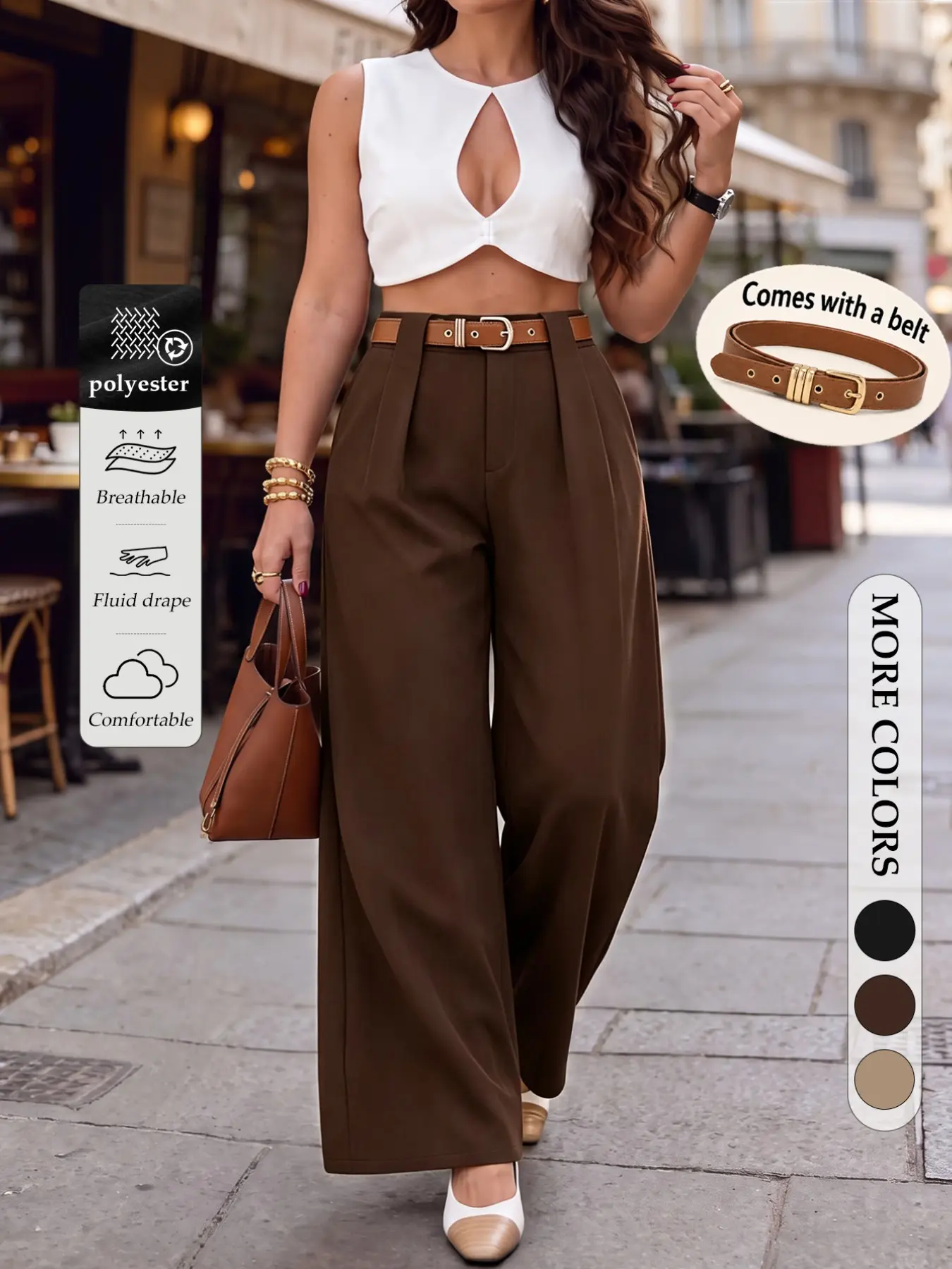 Women's Plus Size High Waisted Wide Leg Pants Belted Pleated Front Trousers Elegant Office Workwear Business Casual Commuter Outfits Trendy
