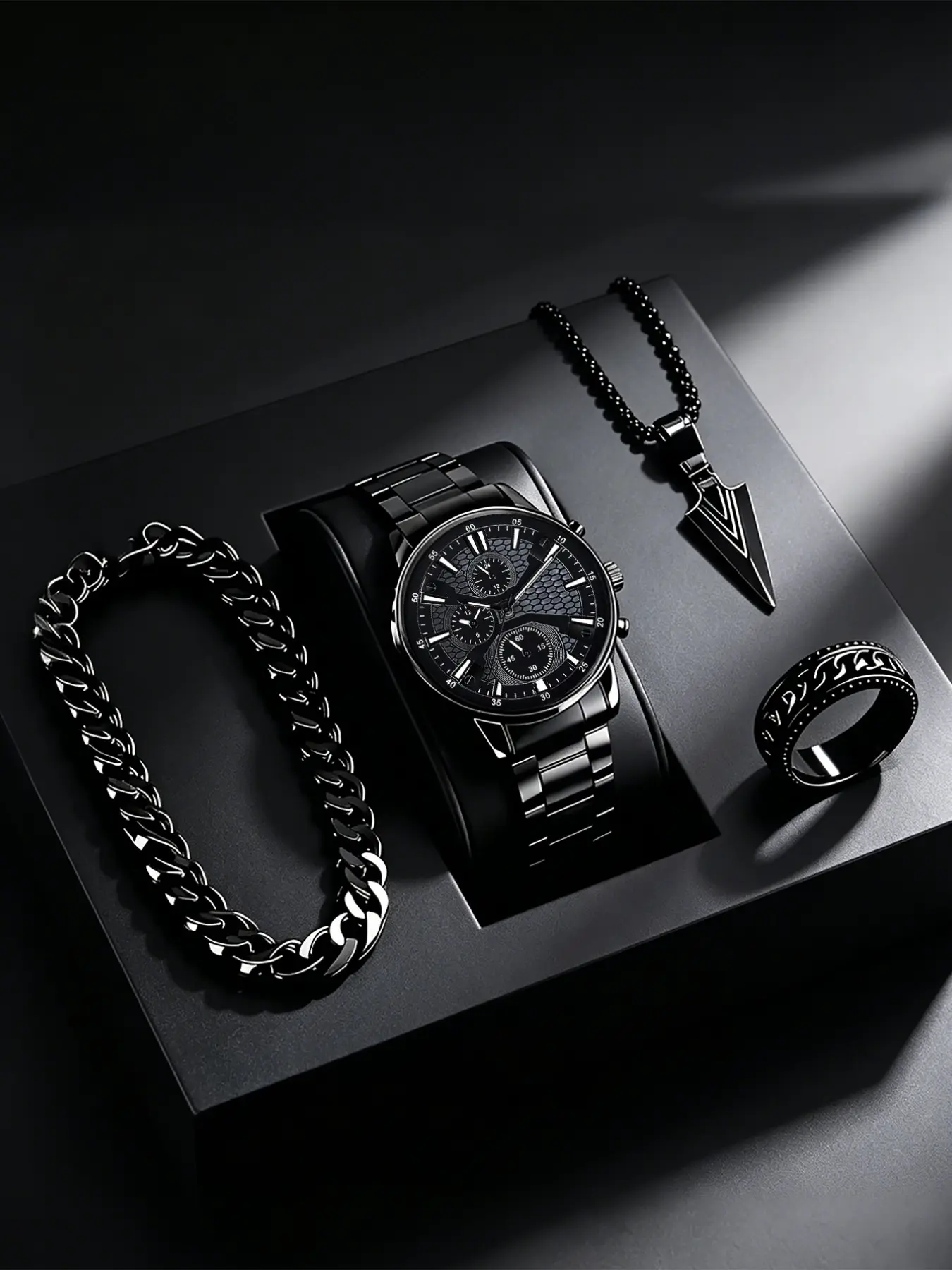 4pcs Men's Fashion Elegant Watch Set, Stainless Steel Quartz Wristwatch, Includes Bracelet, Necklace, Ring, Ideal Gift for Business or Casual Wear