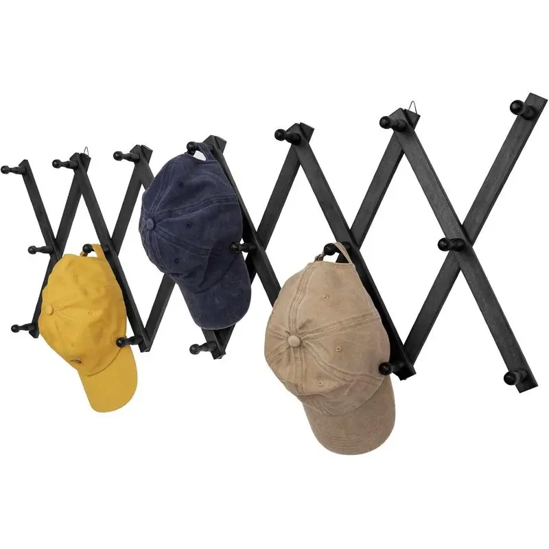Wooden Expandable Wall Coat Rack with 20 Hooks, Adjustable Accordion Wall Hanger for Coats, Hats, Baseball Caps, Bags, Coffee Mugs, Jewelry, Entryway and Bedroom, Black