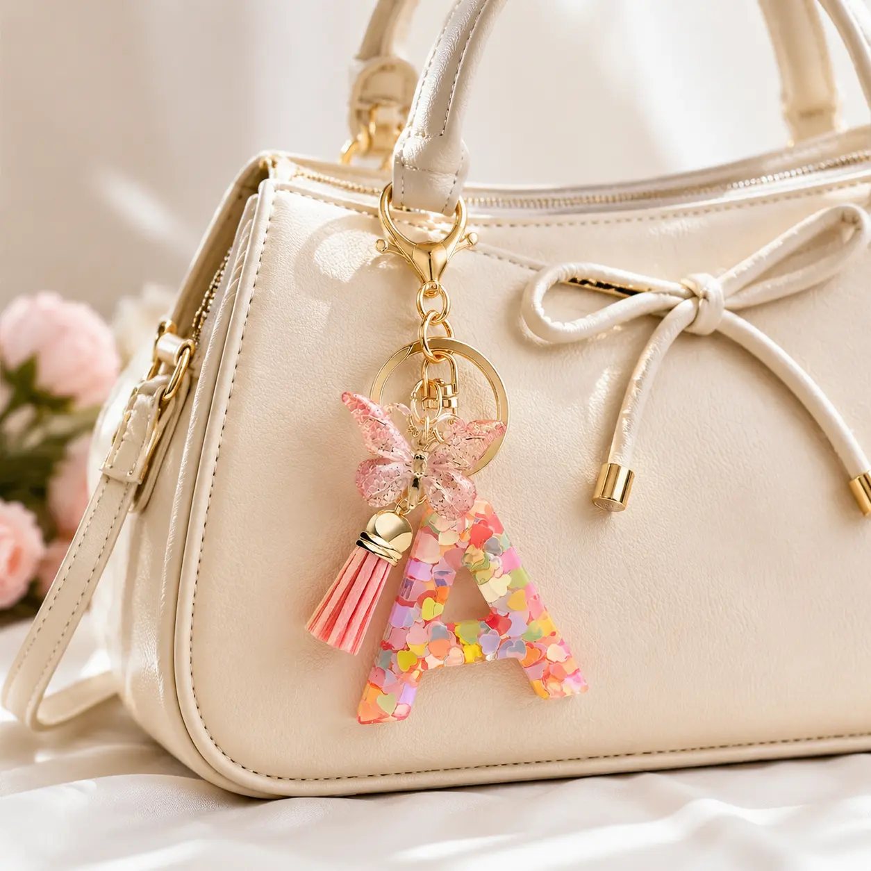 Cute Initial Letter Keychain for Women, Pink Alphabet Key Ring with Heart Sequin, Butterfly Charm & Tassel Pendant, Personalized Bag Accessory Decor, Trendy Gift for Girls, Handbags, Backpacks and Keys