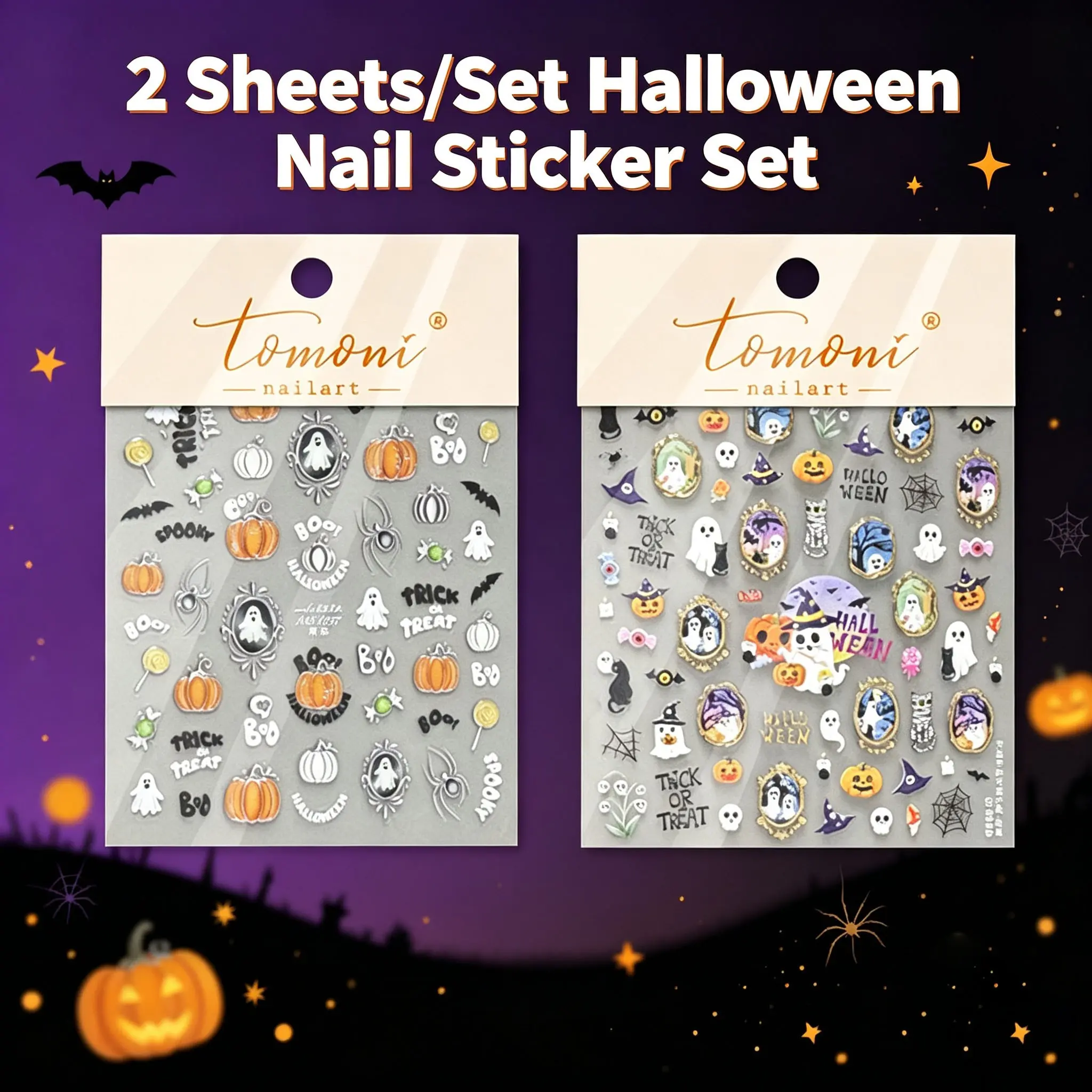2Pcs/Set Halloween Nail Art Stickers Set, Dark Skull Spider Pumpkin Ghost Metal Decals, Self-Adhesive DIY Nail Decorations, Women's Salon Accessories