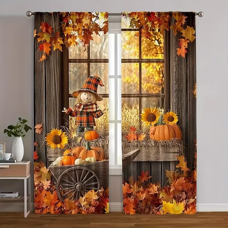 2-piece set - Autumn scarecrow pumpkin vintage wooden window - Printed semi-transparent curtains, rod bag curtains, suitable for living room, bedroom, home decoration, machine washable, hookless, Polyester Curtain