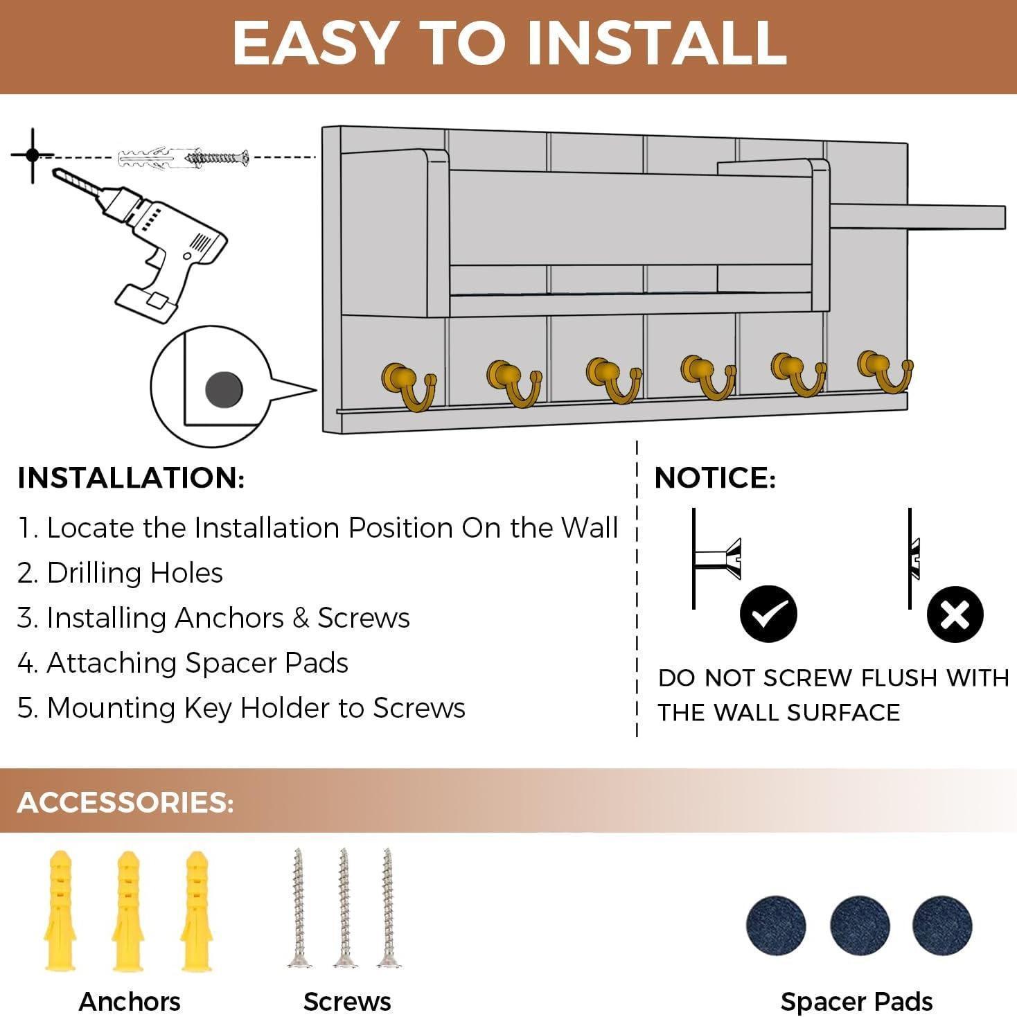 Wall-Mounted Key Organizer, Wooden Wall Shelf with 6 Key Hooks and Mail Sorter, Home Organizer for Entryway and Living Room