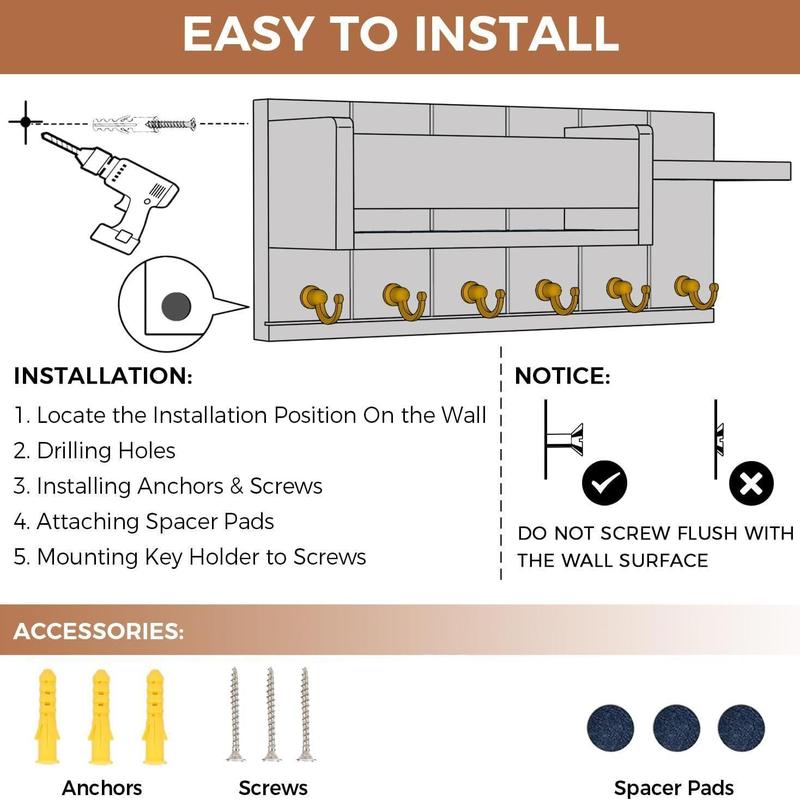 Wall Mounted Key Organizer Storage Holder, Wall Mount Design, 1 Count Wooden Wall Shelf with 6 Key Hooks, Mail Sorter, Home Organizer for Living Room Entrance #TOP PICKS