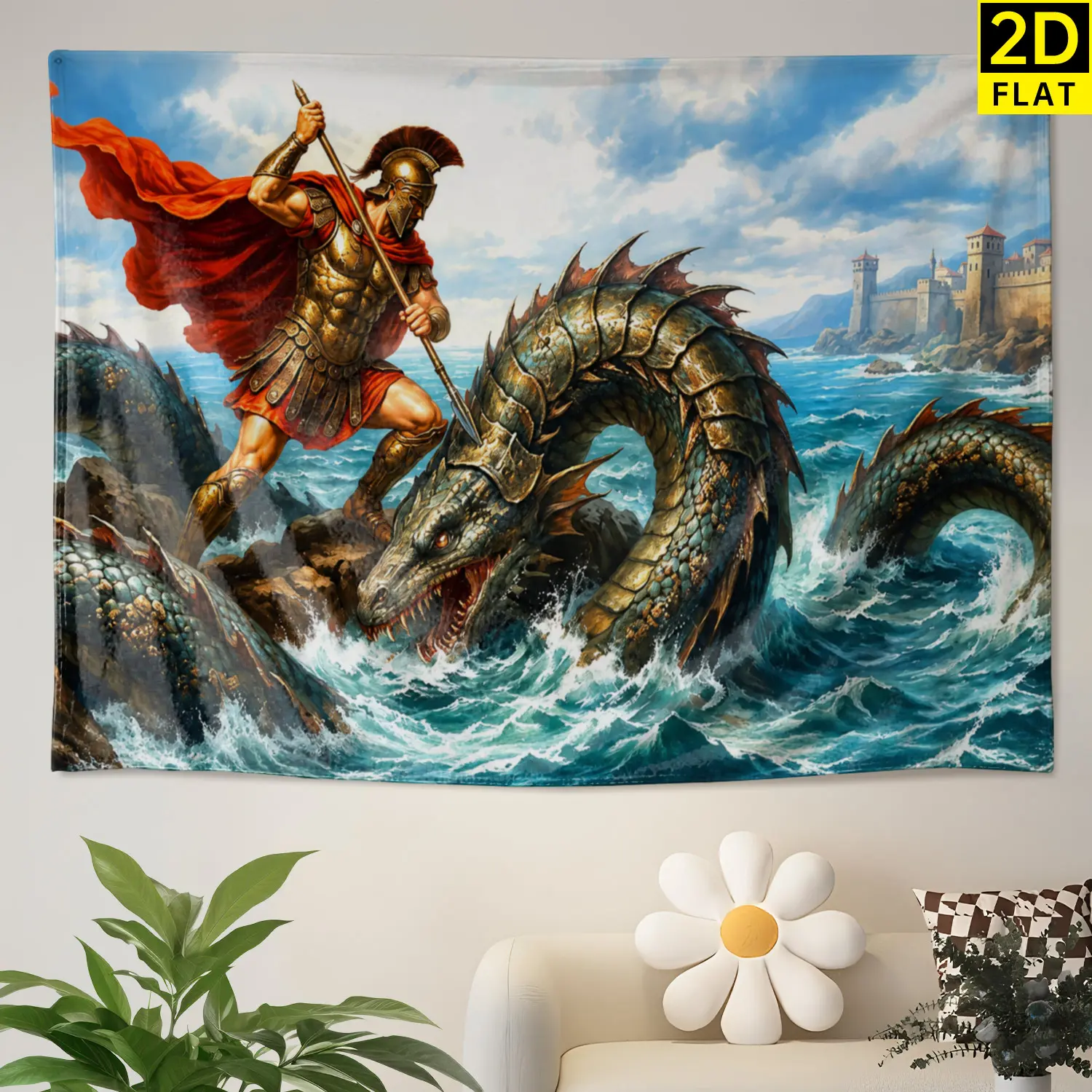 Ancient Greek Warrior vs Sea Dragon Printed Horizontal Wall Tapestry - Polyester Fabric Wall Decor, Multi-Size, No Installation Needed, Indoor-Outdoor Use, Gift for Loved Ones