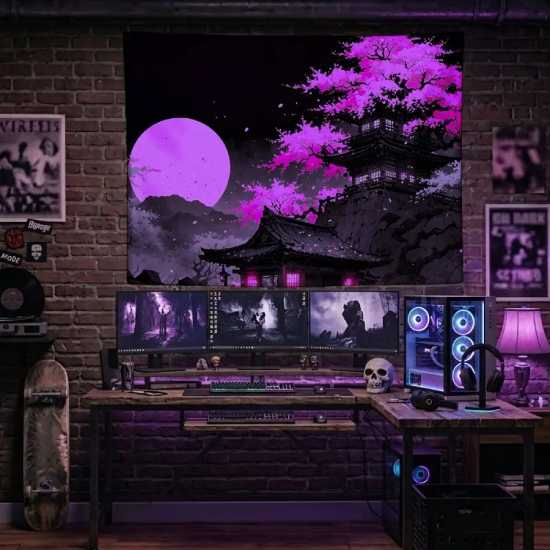 Japanese Pagoda Pink Full Moon Tapestry Retro Cherry Blossom Tree Landscape Wall Hanging Black and White Architecture Scenery Bedroom Room Decor Dorm Background