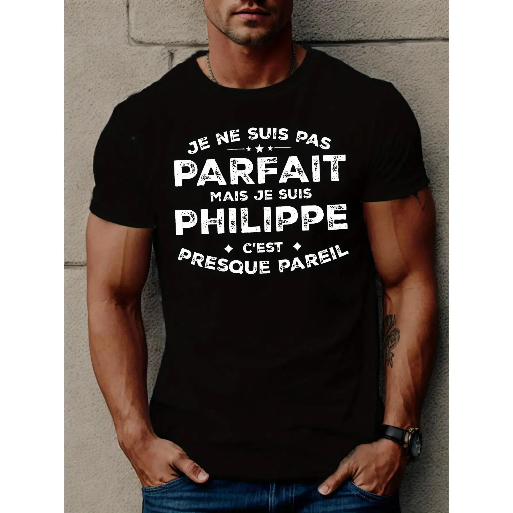 Men's Casual French Quote T-Shirt - "I'm not perfect, but I'm Philippe," with star design, summer short-sleeve T-shirt, comfortable fit, everyday T-shirt |     Witty Sayings Shirt