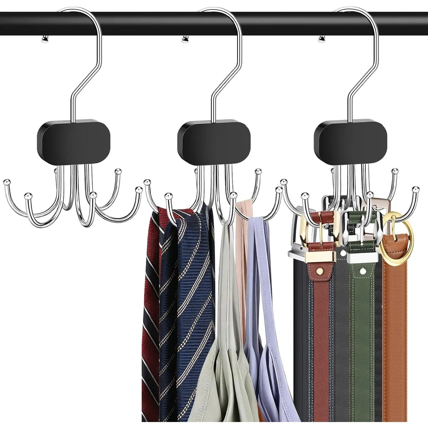 Belt Hanger for Closet Max 72 Belts, 3 count Belt Organizer for Closet | 360°Rotating Tie Rack Hanger for Closet Tie Organizer for Closet Belt Holder for Closet for Belt,Tie, Top,Bra,Scarf,Hat