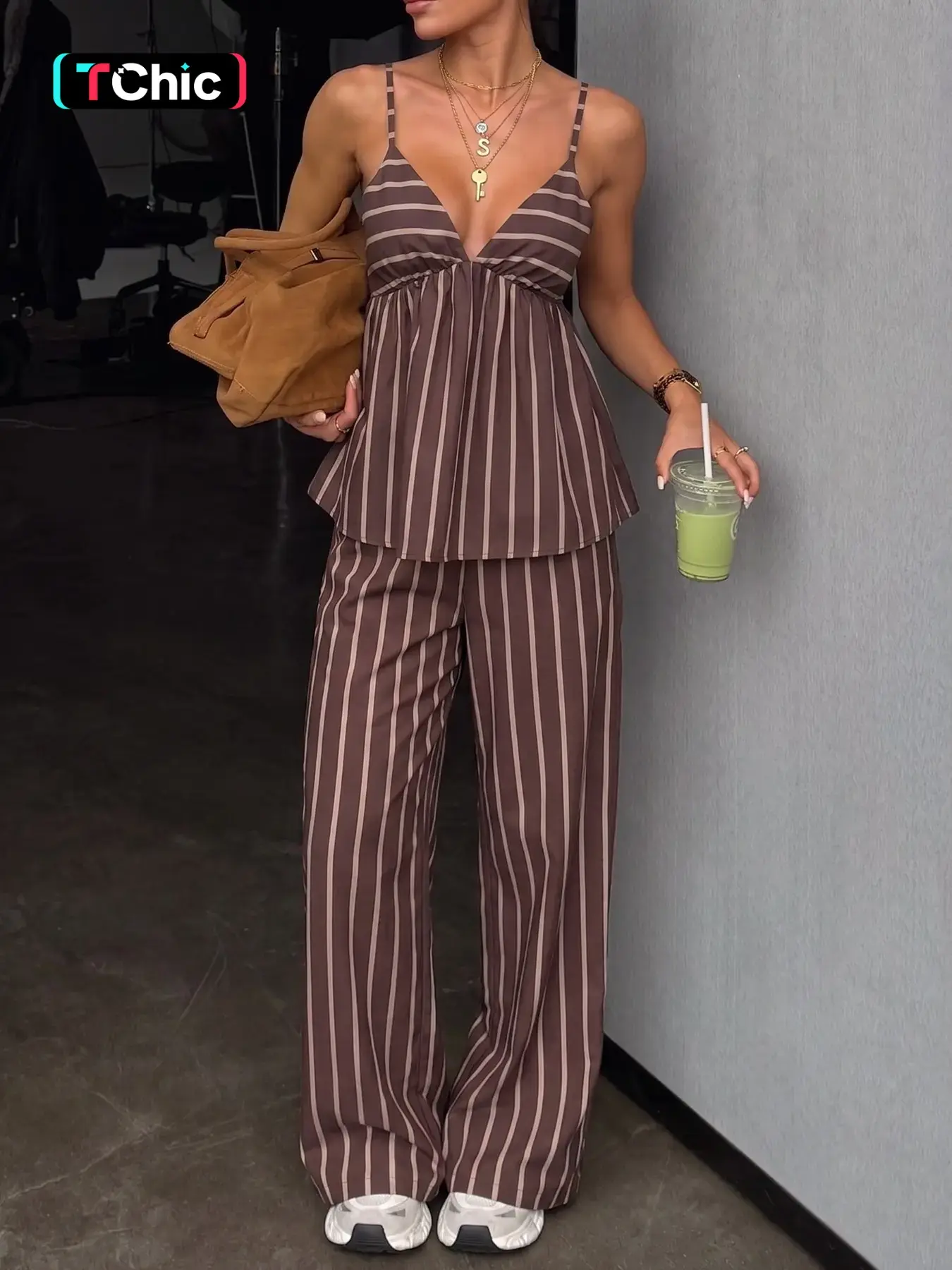 Chocolate Brown Striped Two Piece Pants Set Women V Neck Spaghetti Strap Babydoll Cami Top Wide Leg Trousers Loose Fit Summer Vacation Casual Lounge Set Y2K Beach Resort Outfit