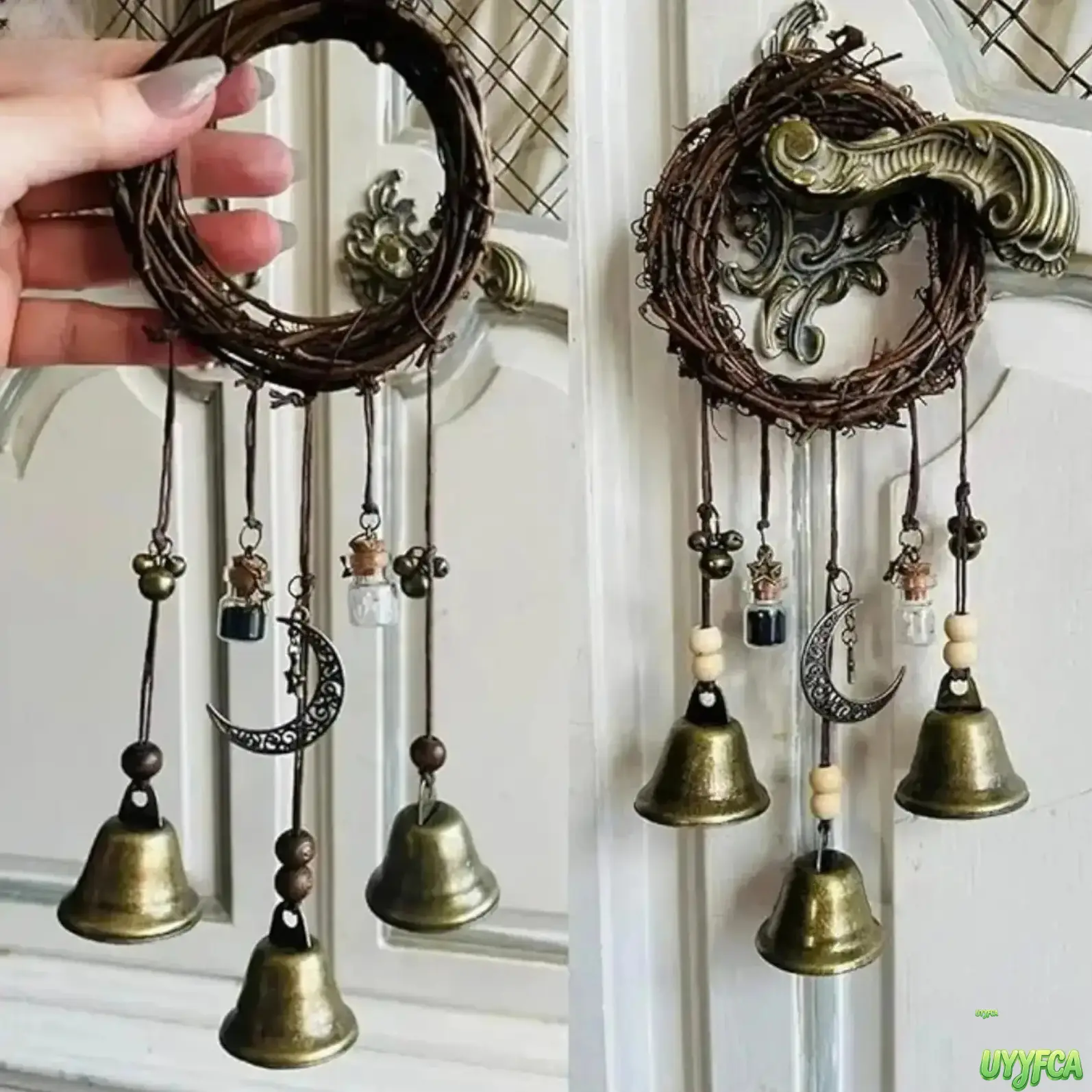 Handmade Wicker Wreath Witch Protection Bell Wall Hanging - Vintage Bronze Moon Stars Cleansing Amulet, Polyester Mini Spell Jar Wooden Bead Mystic Wind Chime for Front Door Boho Witchcraft Decor