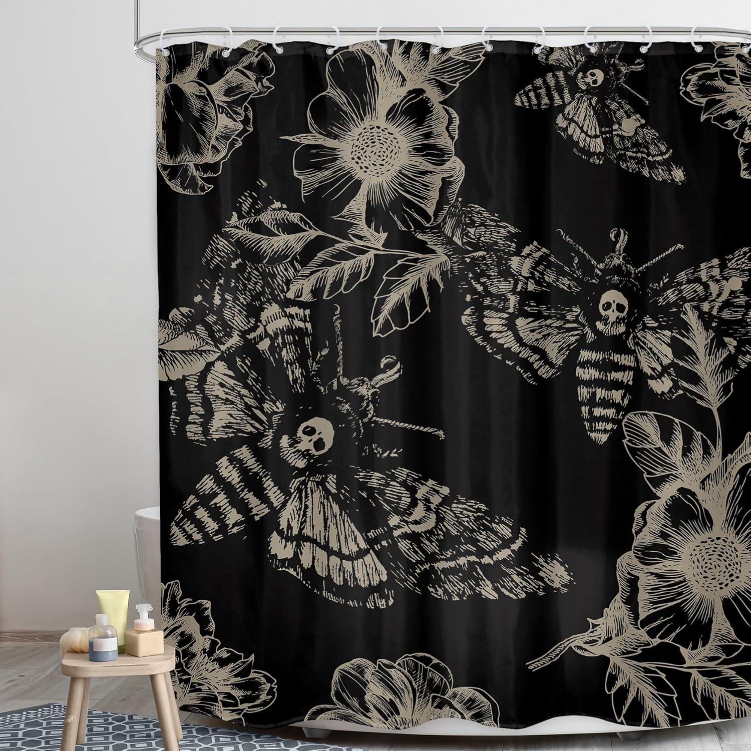 Skull Moth Pattern Shower Curtain Sets, 1 Count Bathroom Interior Curtain with Hooks, Bathroom Accessories for Home Hotel Salon Dormitory Decor, Showercurtain, Bathroom Decoration Accessories